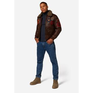 RICANO  Veste en cuir pour hommes Mitic - Style pilote, Patches marquants avec col en fourrure 