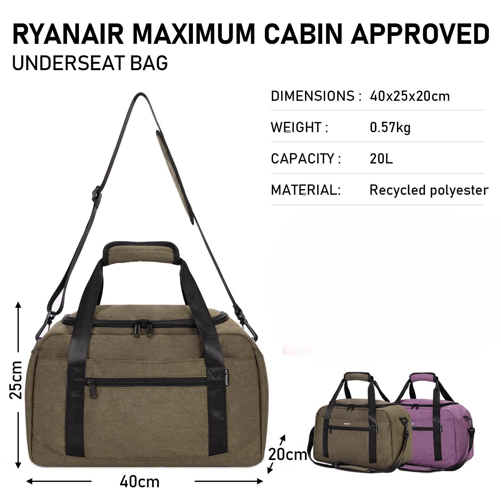 Only-bags.store  Bagage à main 40 x 20 x 25 cm pour Ryanair Sac de voyage pour avion Sous le siège Bagage à main Valise PET recyclé Sac de voyage respectueux de l'environnement Weekender Bag, marron 