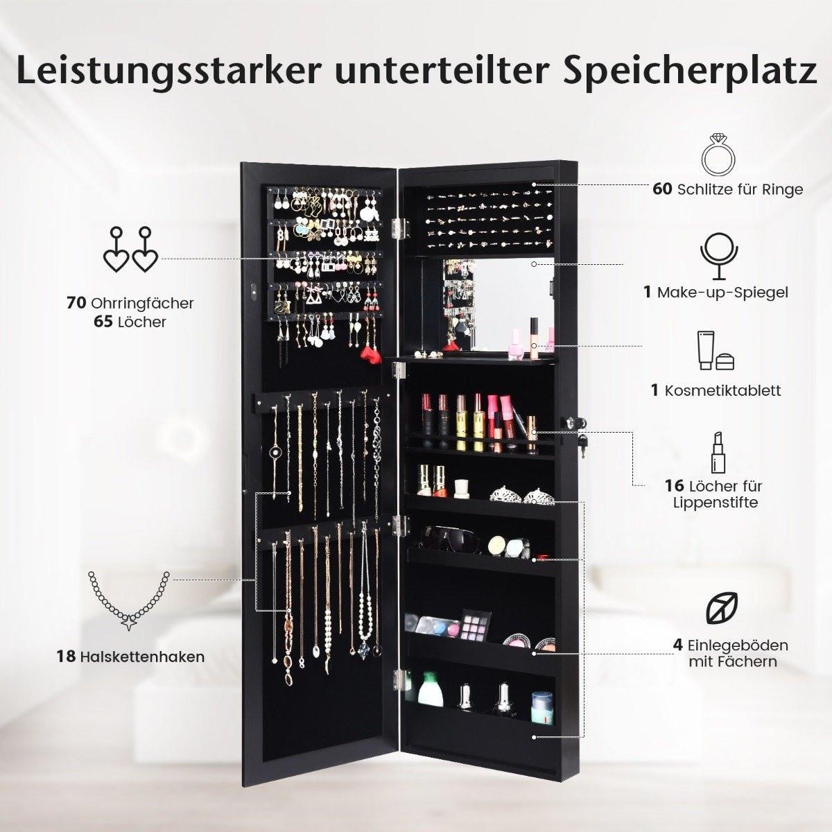 Northix Armoire à bijoux avec miroir et étagères doublées, crochets et compartiments, armoire à cosmétiques, noir  