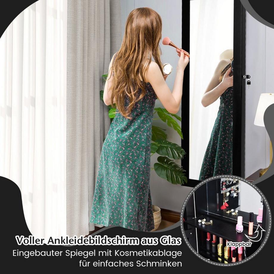 Northix Armadietto per gioielli con specchio e ripiani foderati, ganci e scomparti, armadietto per cosmetici, nero  