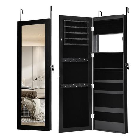 Northix Armoire à bijoux avec miroir et étagères doublées, crochets et compartiments, armoire à cosmétiques, noir  