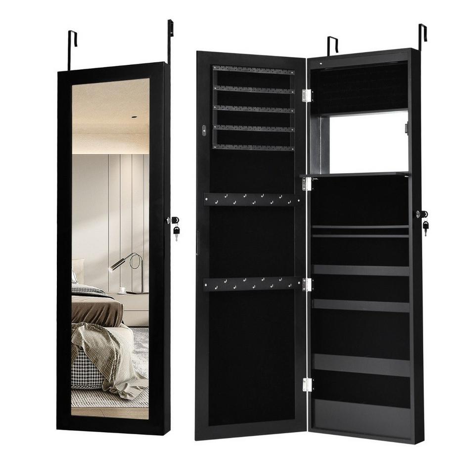 Armoire à bijoux avec miroir et étagères doublées, crochets et compartiments, armoire à cosmétiques, noir