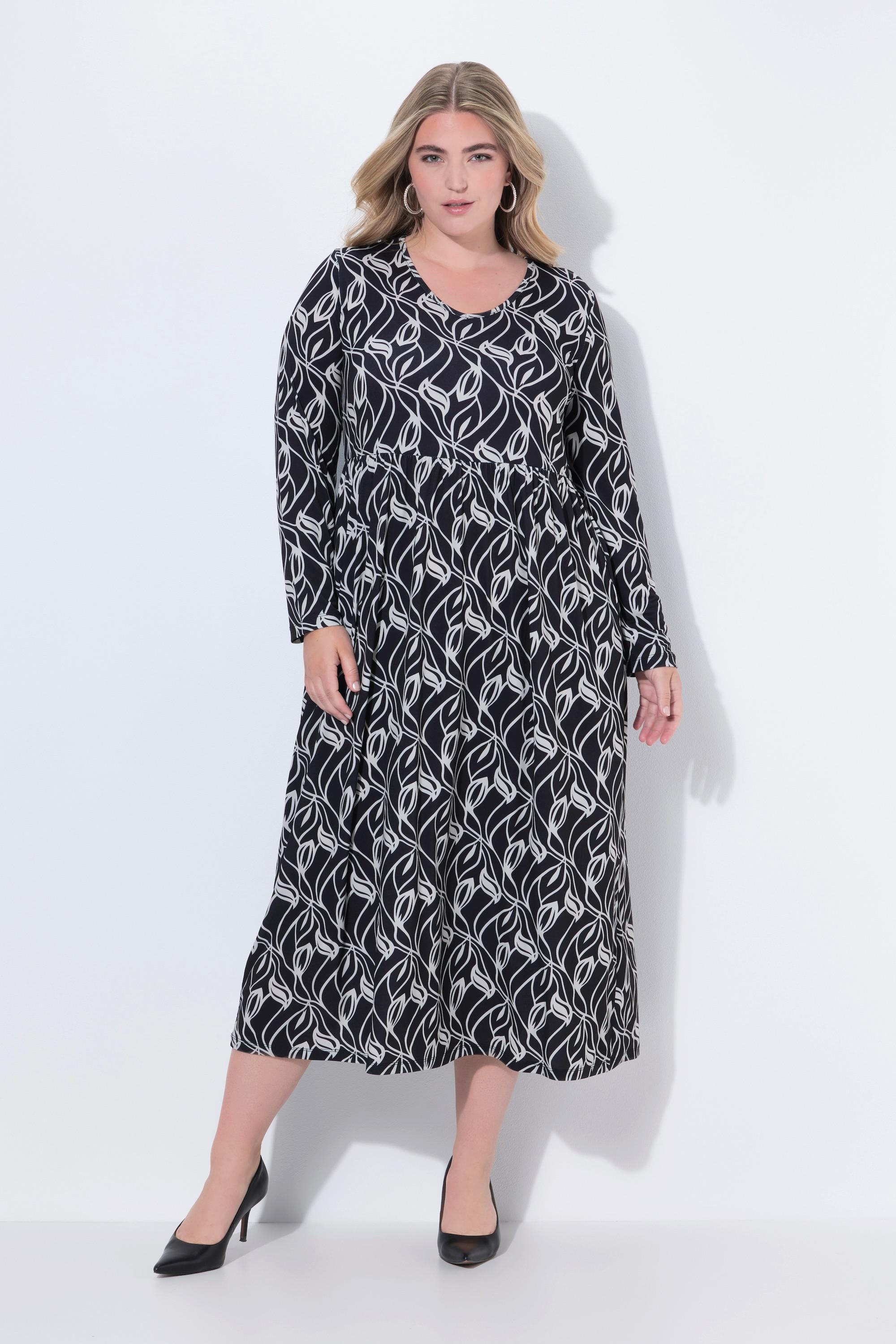 Ulla Popken Maxikleid A-Linie Langarm V-Ausschnitt mit Taschen  