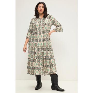 Robe trapèze maxi à imprimé bohème. Col tunisien et manches 3/4