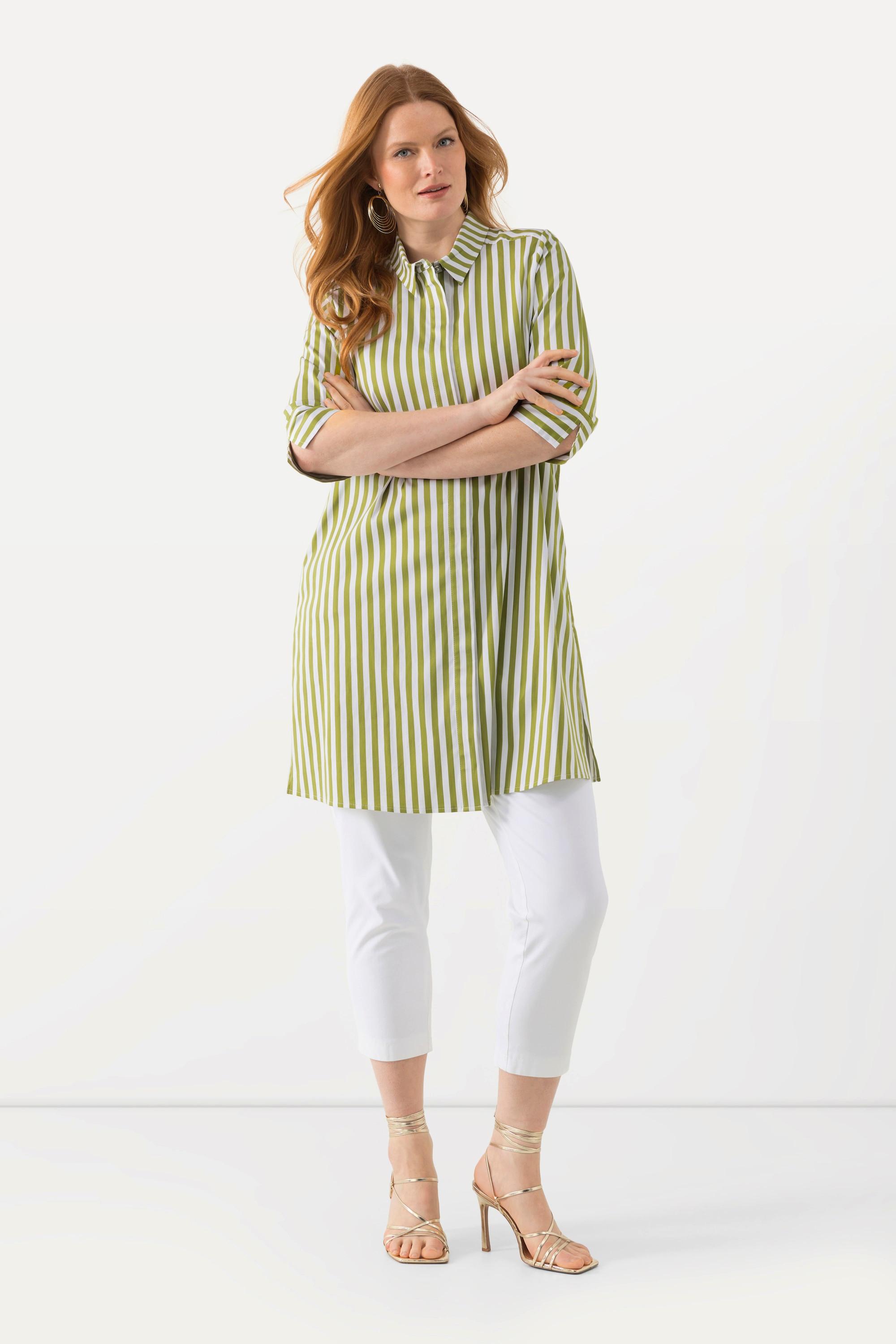 Ulla Popken  Blusa a righe dal taglio lungo e svasato con colletto da camicia e maniche a 3/4 