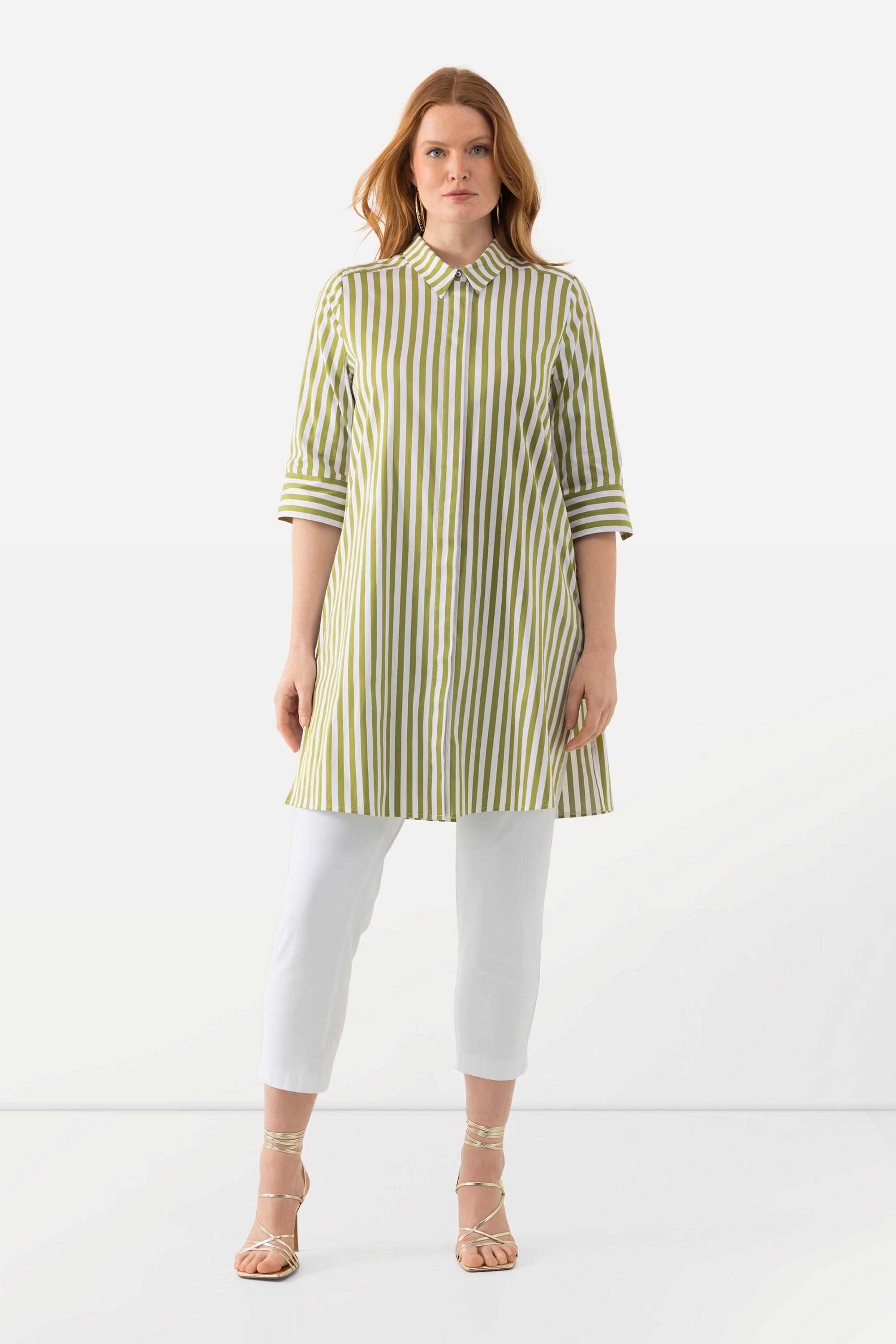 Ulla Popken  Blusa a righe dal taglio lungo e svasato con colletto da camicia e maniche a 3/4 