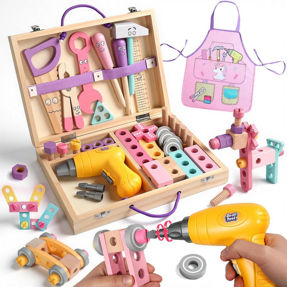 Kinder-Werkzeugkoffer 44-teilig mit Akkuschrauber & Schürze