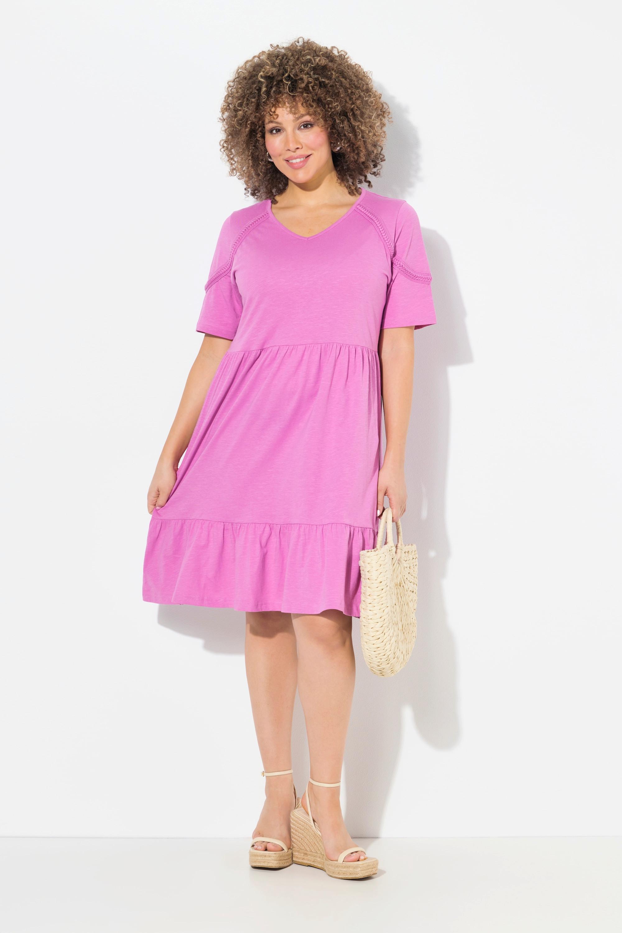 Ulla Popken Jerseykleid Zierband A-Linie V-Ausschnitt Halbarm  