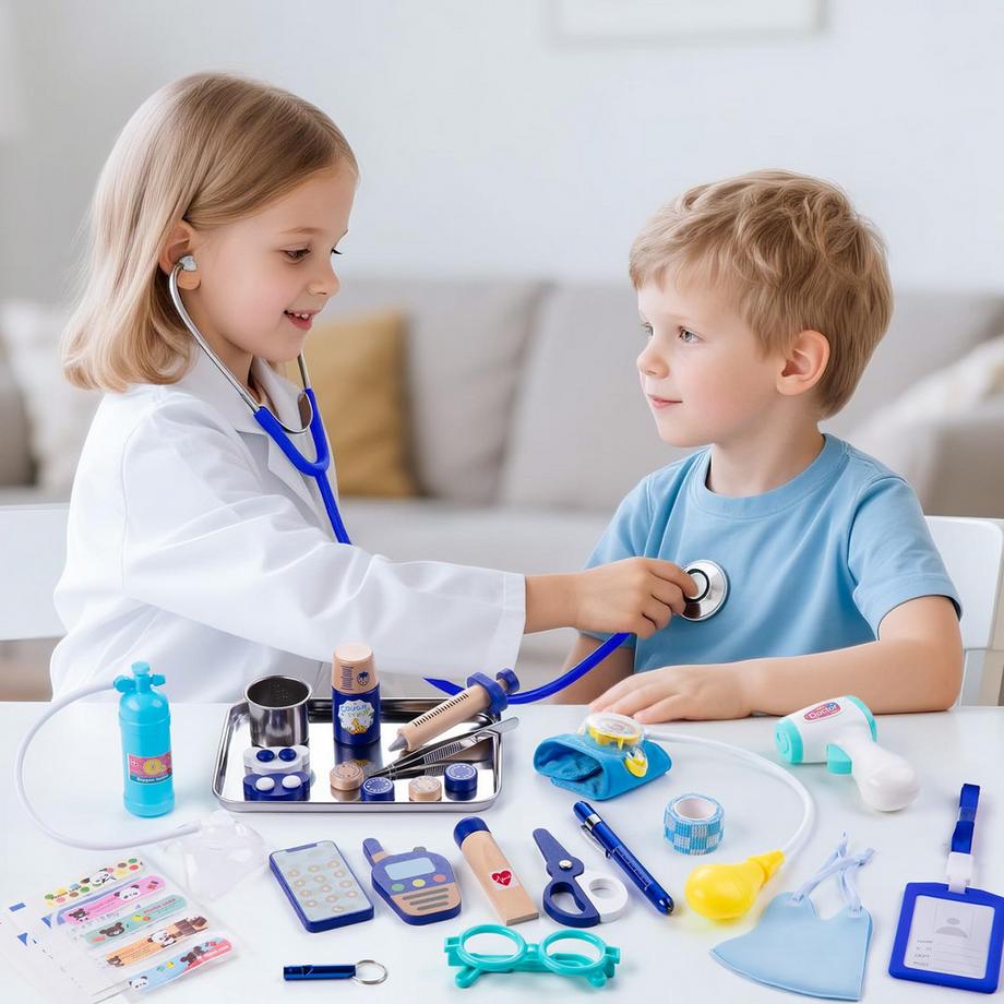 Activity-board  Kinder-Arztkoffer mit echtem Stethoskop, Arztkittel, Arzttasche, Thermometer 