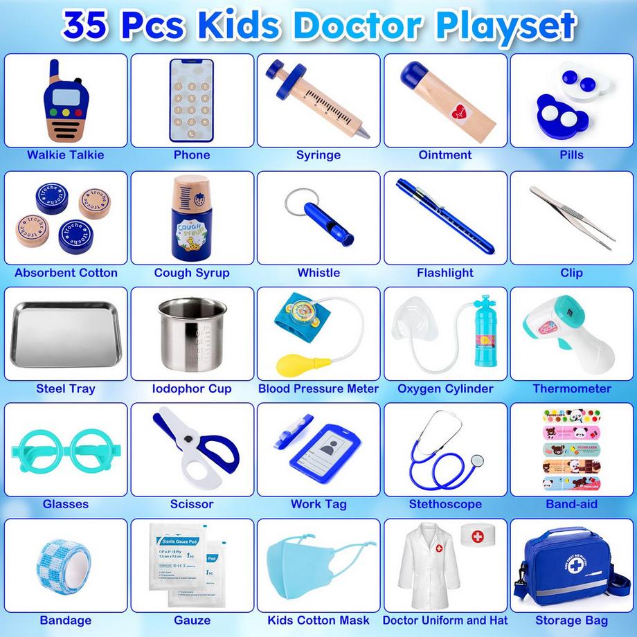 Activity-board  Kinder-Arztkoffer mit echtem Stethoskop, Arztkittel, Arzttasche, Thermometer 