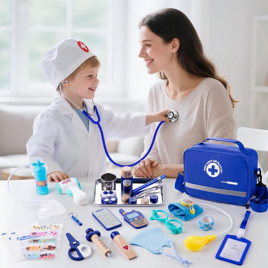 Activity-board  Kinder-Arztkoffer mit echtem Stethoskop, Arztkittel, Arzttasche, Thermometer 