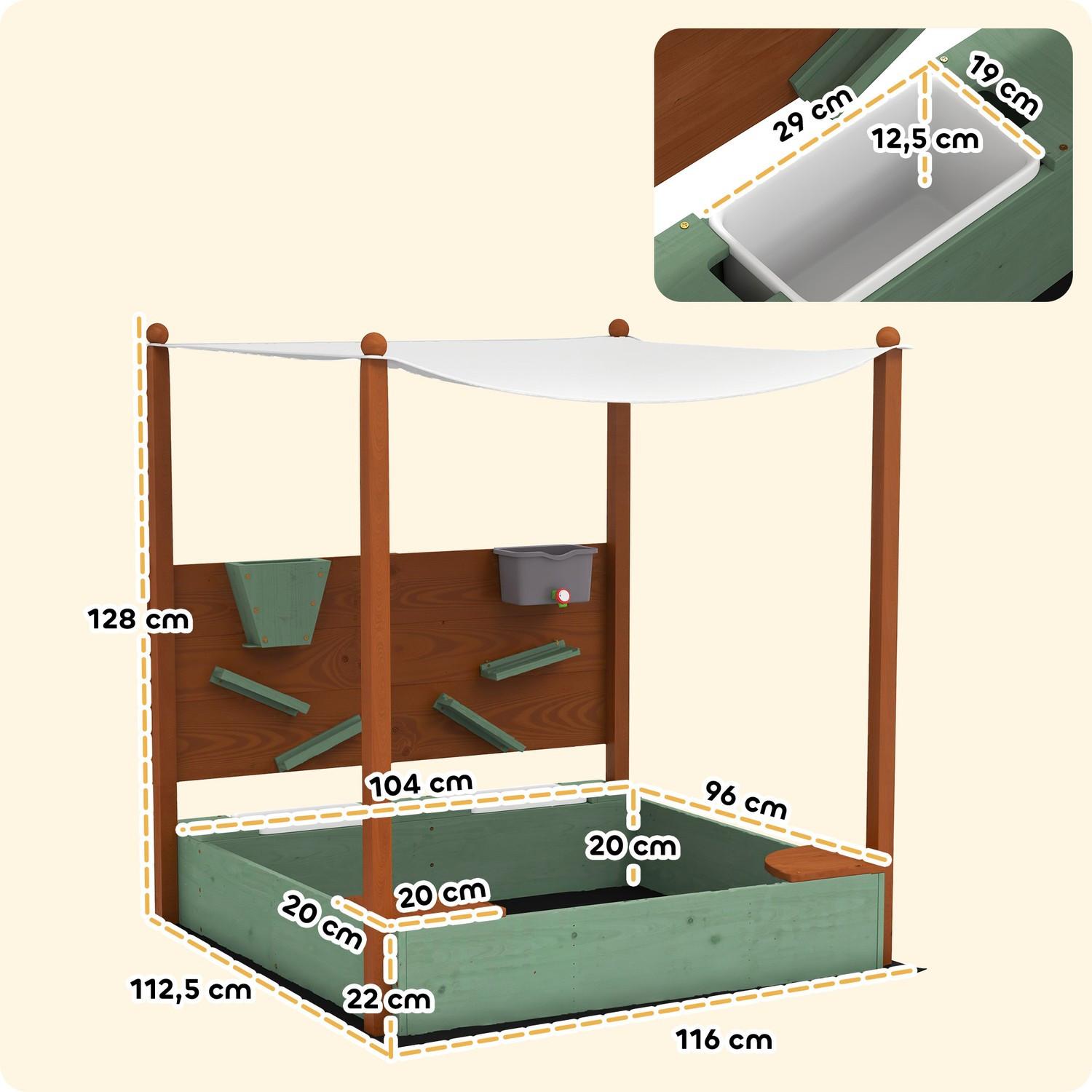 Northio  Sandkasten mit Dach, 116 x 112,5 cm Sandkiste aus Holz Sandbox mit Sitzfläche, 2 Behältern, Sand- und Wasserspielzeug, Eimer mit Wasserhahn für 3-6 Jahre Kinder Grün Aosom 