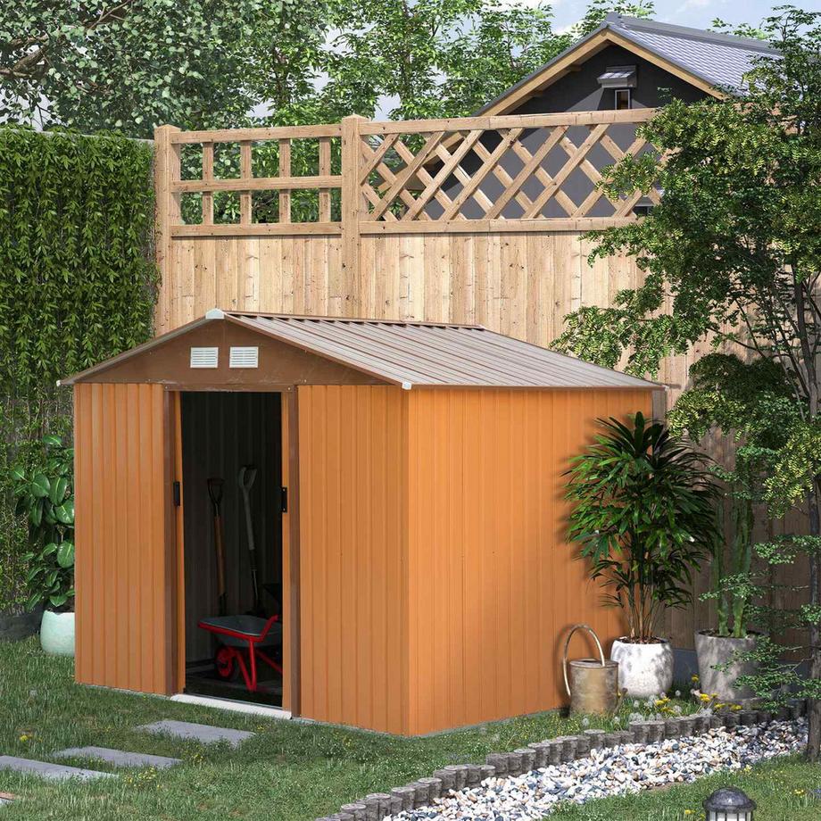 Northio Capanno Per Attrezzi In Metallo Capanno Da Giardino Con Fondamenta, Capanno Per Attrezzi, Resistente Alle Intemperie, Giallo, 277X195X192Cm  