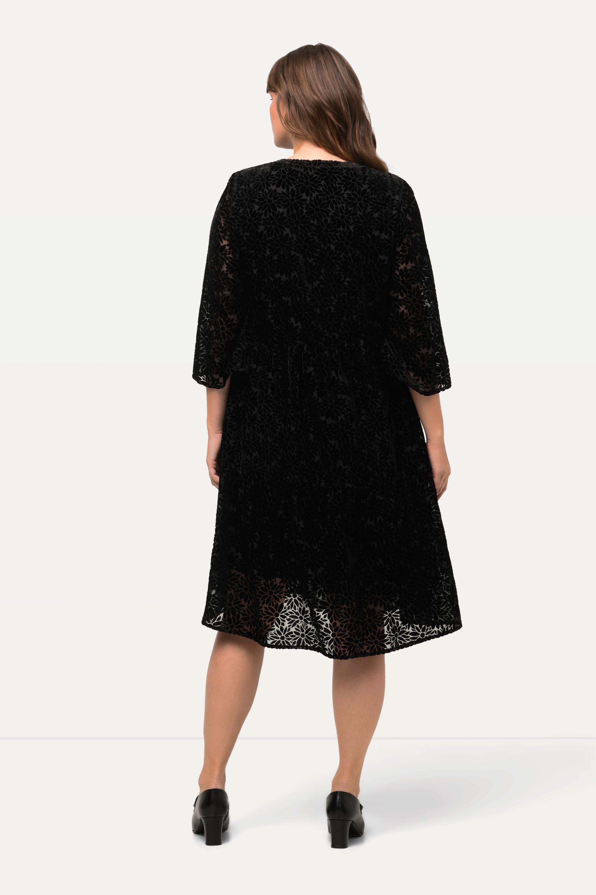 Ulla Popken Robe Midi Velours Motif Dévoré Col Rond Manches 3/4  