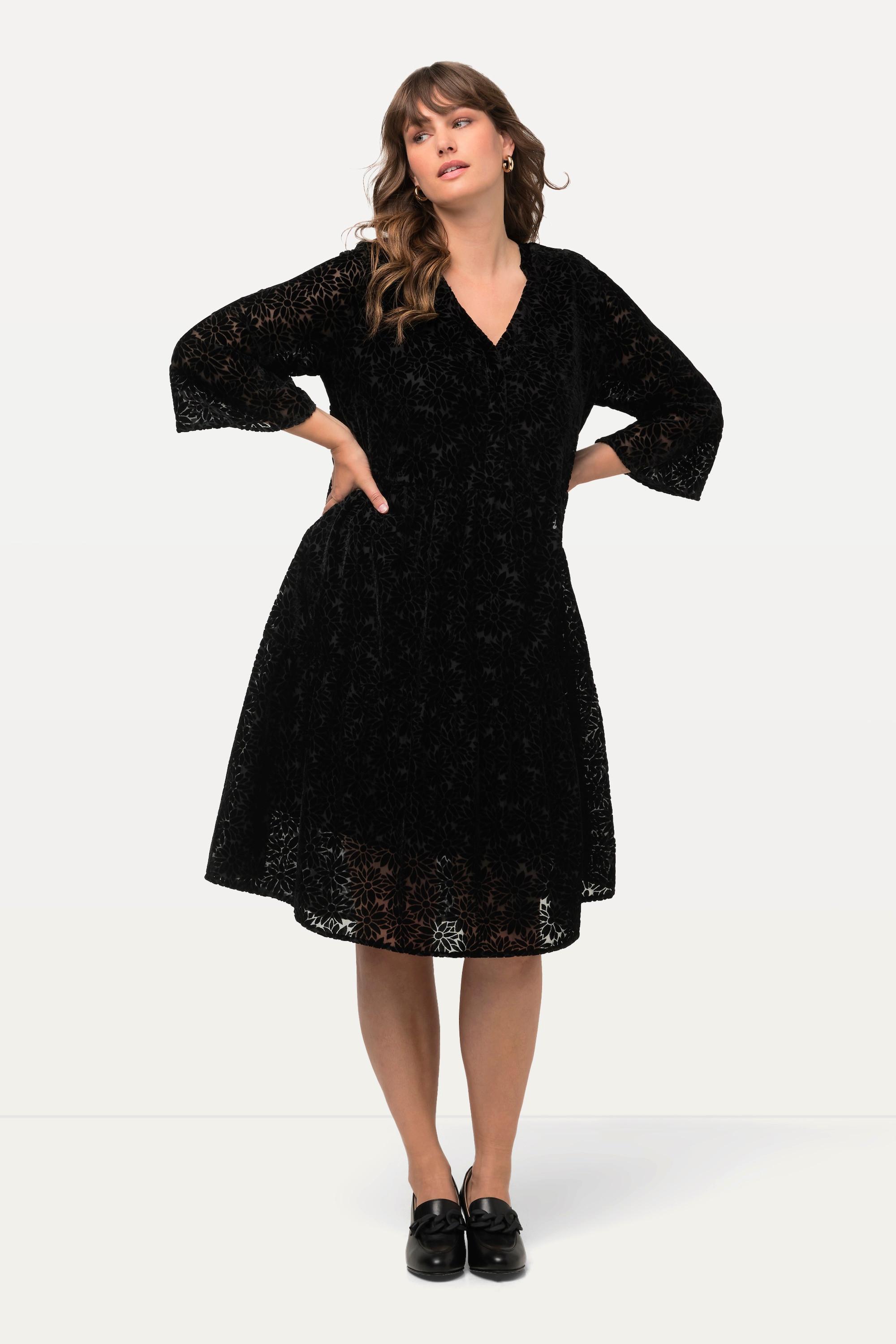 Ulla Popken Robe Midi Velours Motif Dévoré Col Rond Manches 3/4  