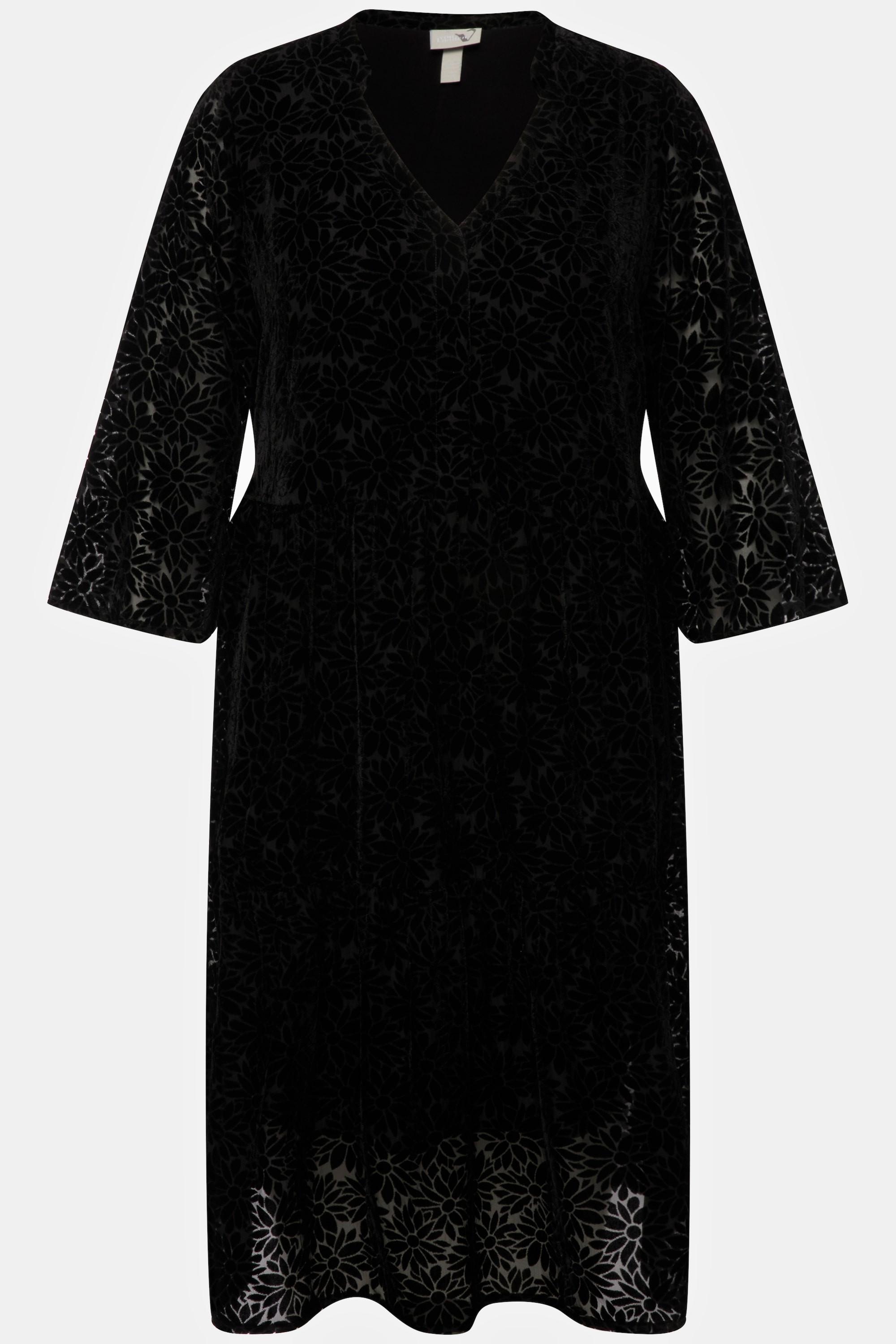 Ulla Popken Robe Midi Velours Motif Dévoré Col Rond Manches 3/4  