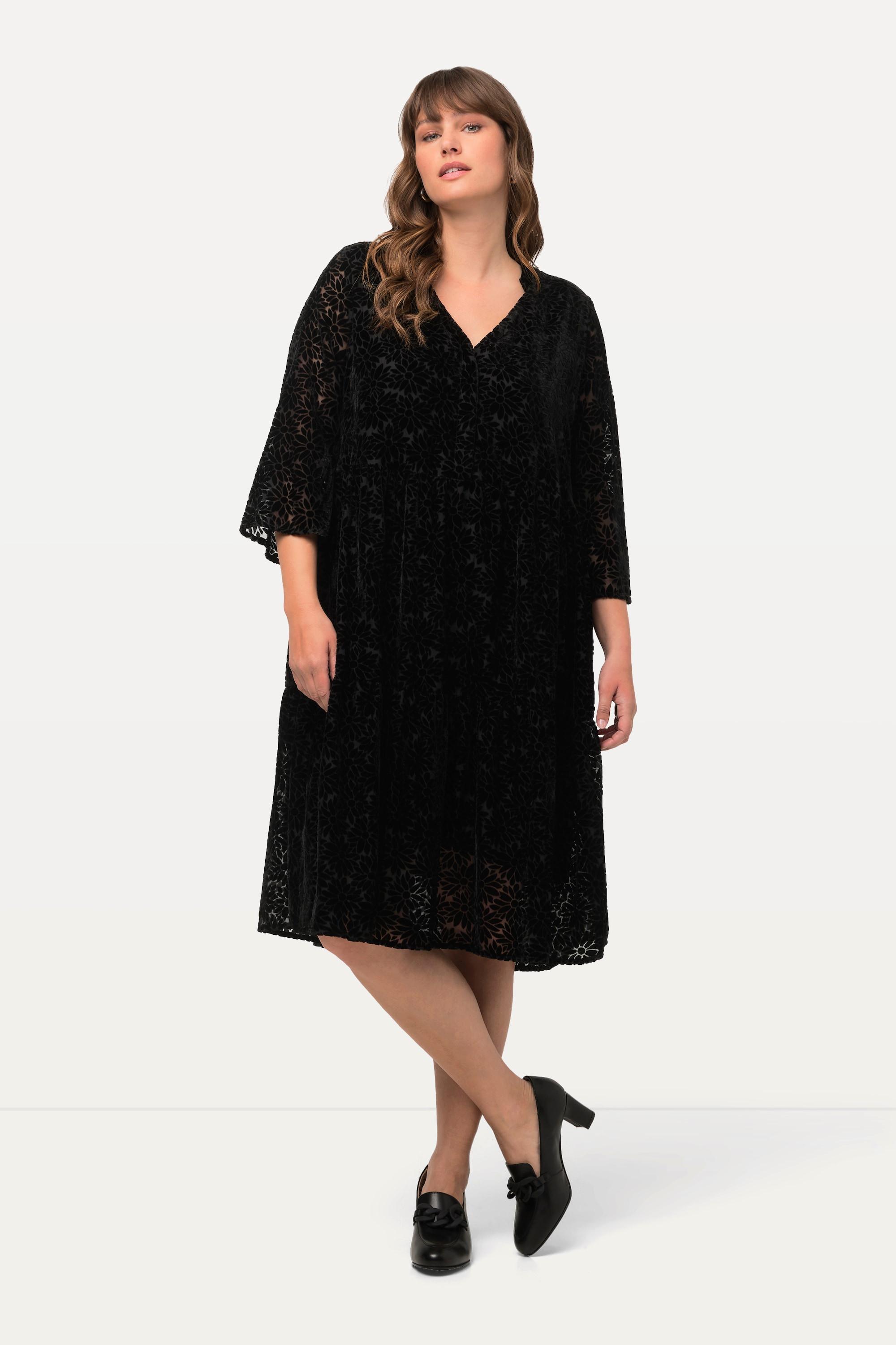 Ulla Popken Robe Midi Velours Motif Dévoré Col Rond Manches 3/4  
