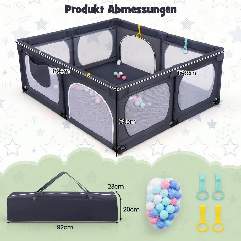 Northix  Parc pour bébé avec 4 anneaux de traction et 50 balles océaniques et filet respirant et sac de transport gris foncé 