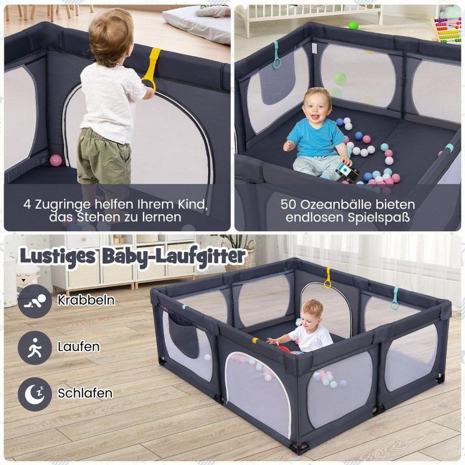 Northix  Parc pour bébé avec 4 anneaux de traction et 50 balles océaniques et filet respirant et sac de transport gris foncé 