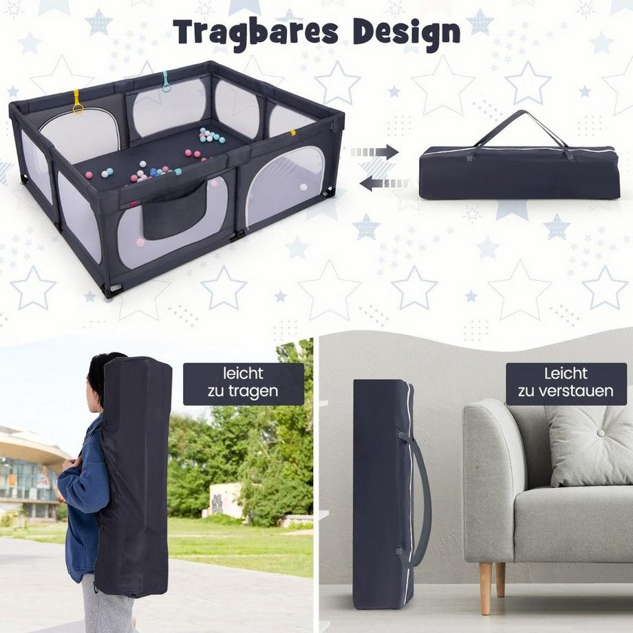 Northix  Parc pour bébé avec 4 anneaux de traction et 50 balles océaniques et filet respirant et sac de transport gris foncé 
