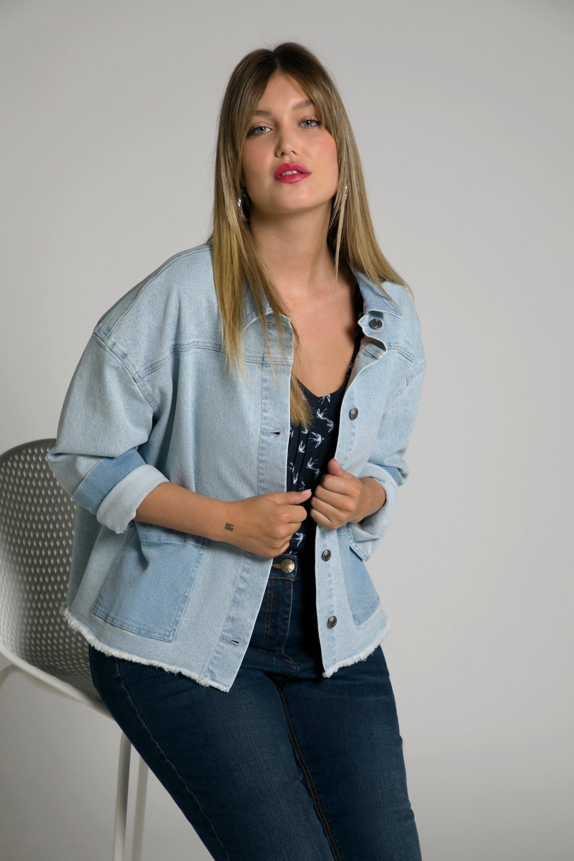 Ulla Popken  Jeansjacke, Fransensaum, kurze Form, zweifarbig 