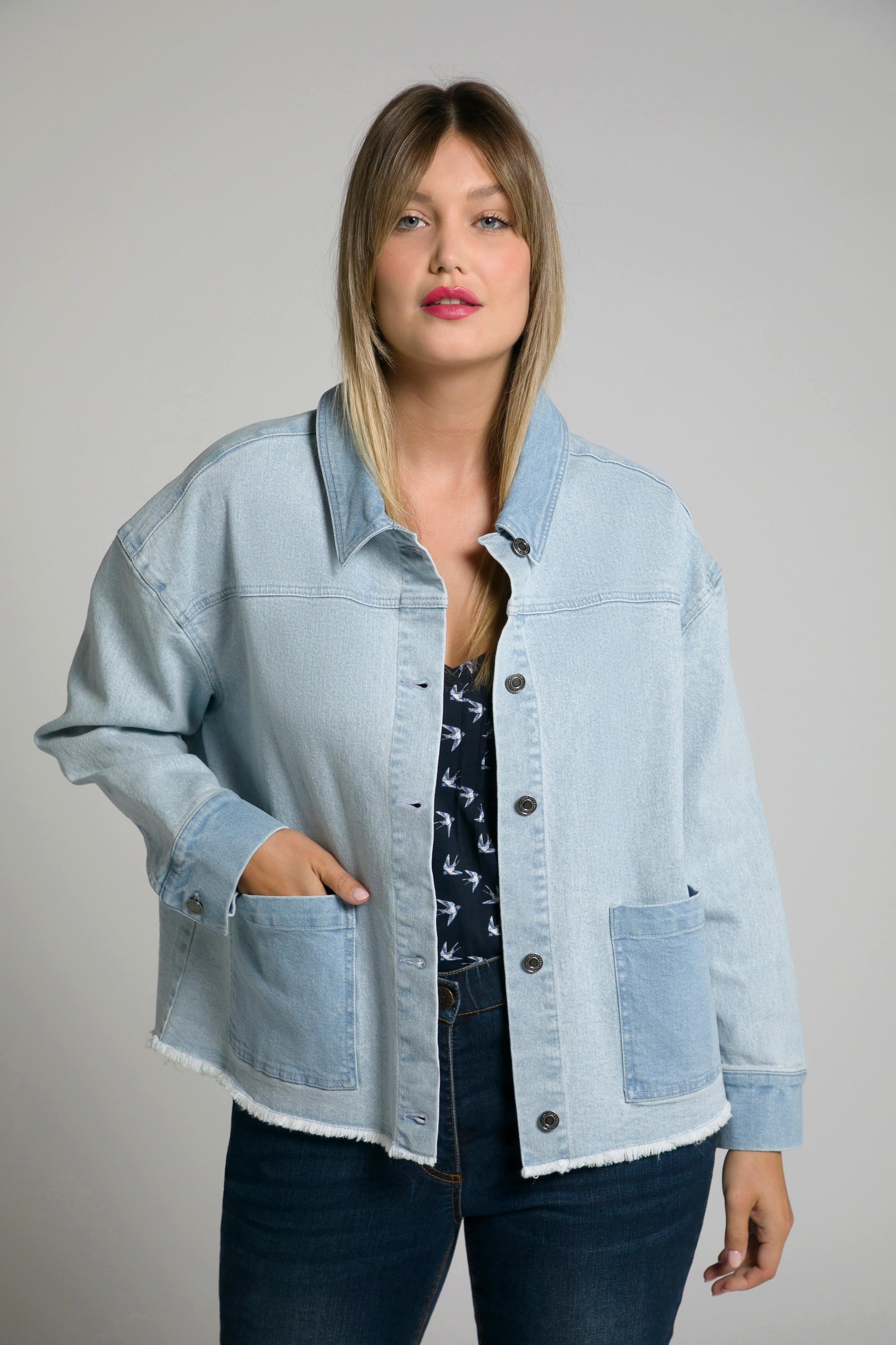 Ulla Popken  Jeansjacke, Fransensaum, kurze Form, zweifarbig 