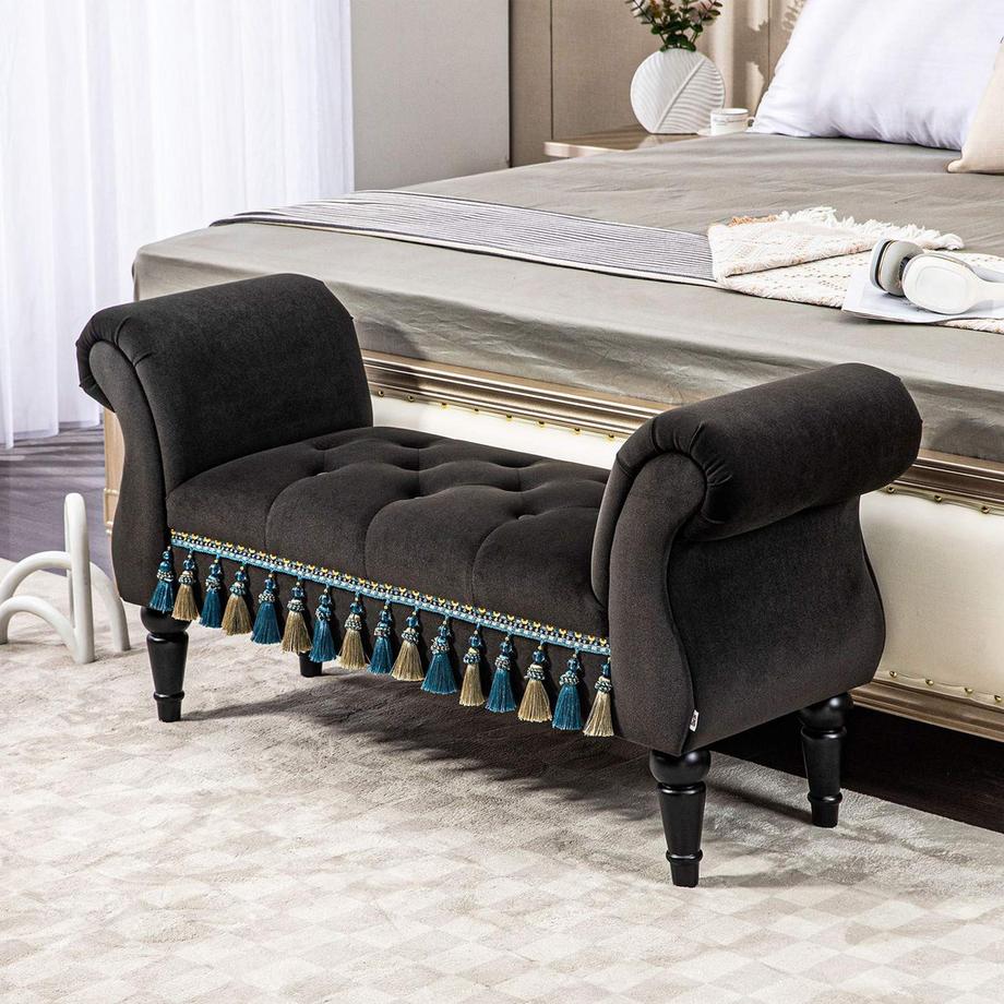 Northio Panca imbottita per camera da letto, con spazio per riporre oggetti, braccioli, gambe in legno, design vintage, aspetto velluto, portata 150 kg, 117x4 x58 cm, grigio scuro  