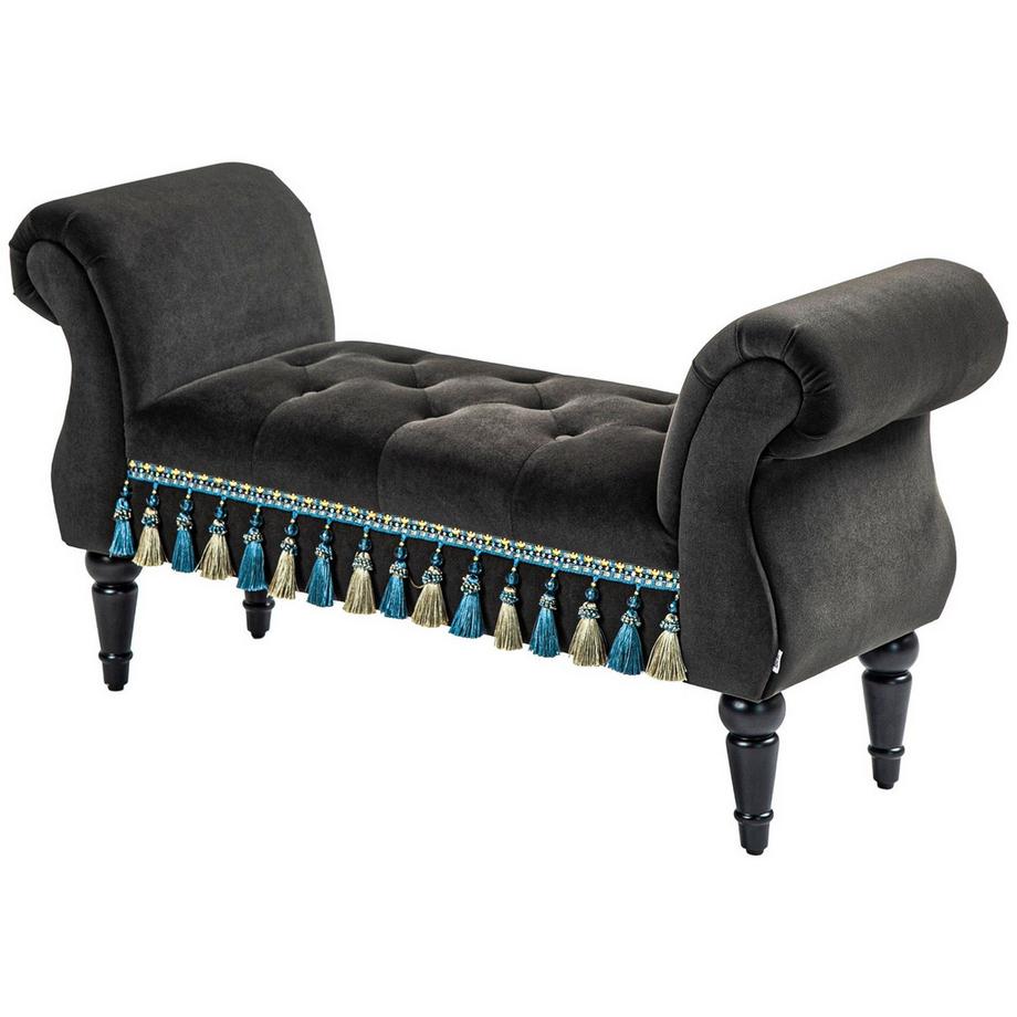Panca imbottita per camera da letto, con spazio per riporre oggetti, braccioli, gambe in legno, design vintage, aspetto velluto, portata 150 kg, 117x4 x58 cm, grigio scuro