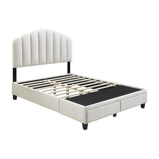 Vente-unique Bett mit Schubladen + Matratze - 160 x 200 cm - Samt - Elfenbeinfarben - ILISIO  