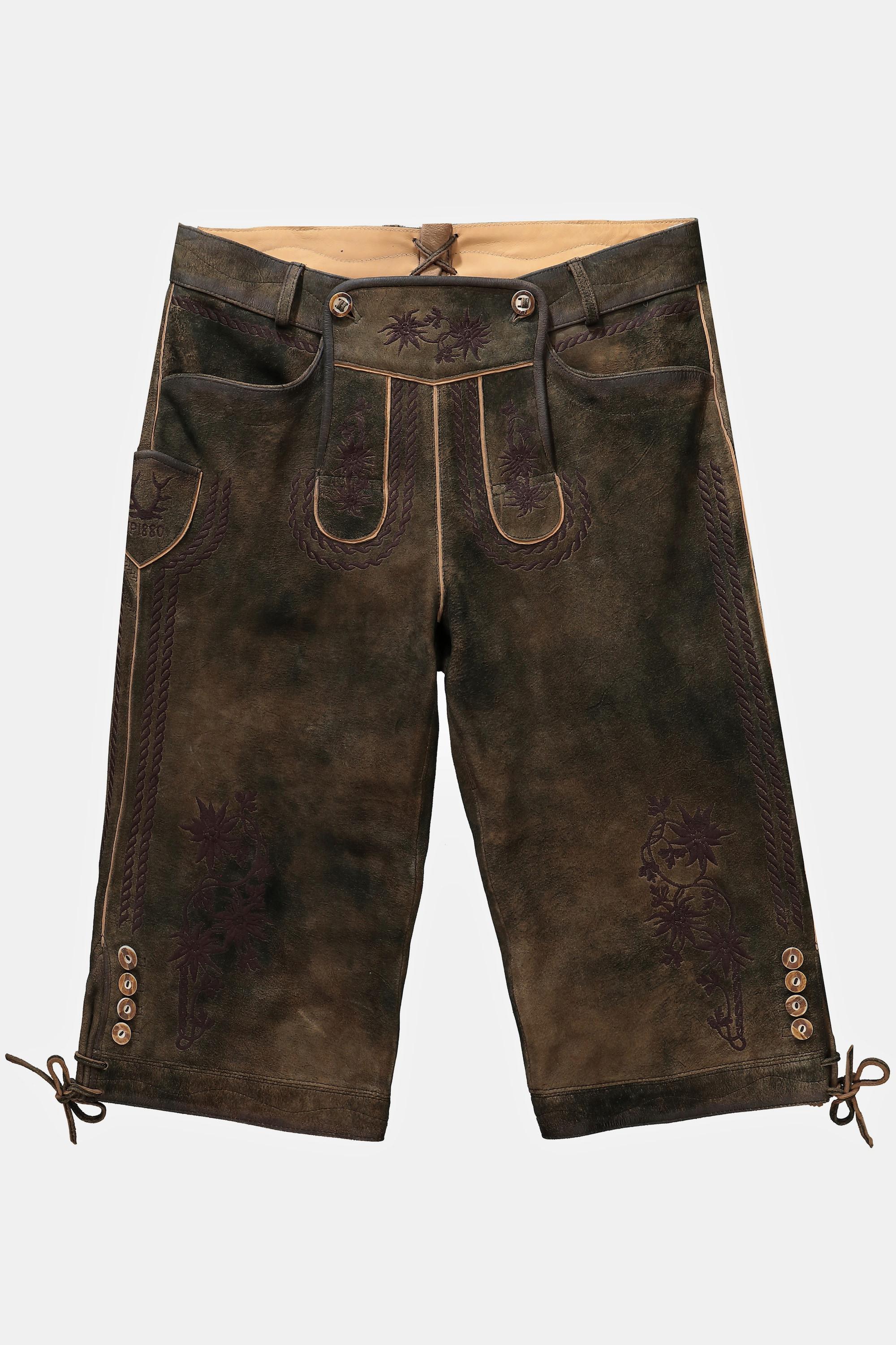 JP1880  Lederhosen a 3/4 in tradizionale stile Tracht in pelle scamosciata di capra con ricami tradizionali 