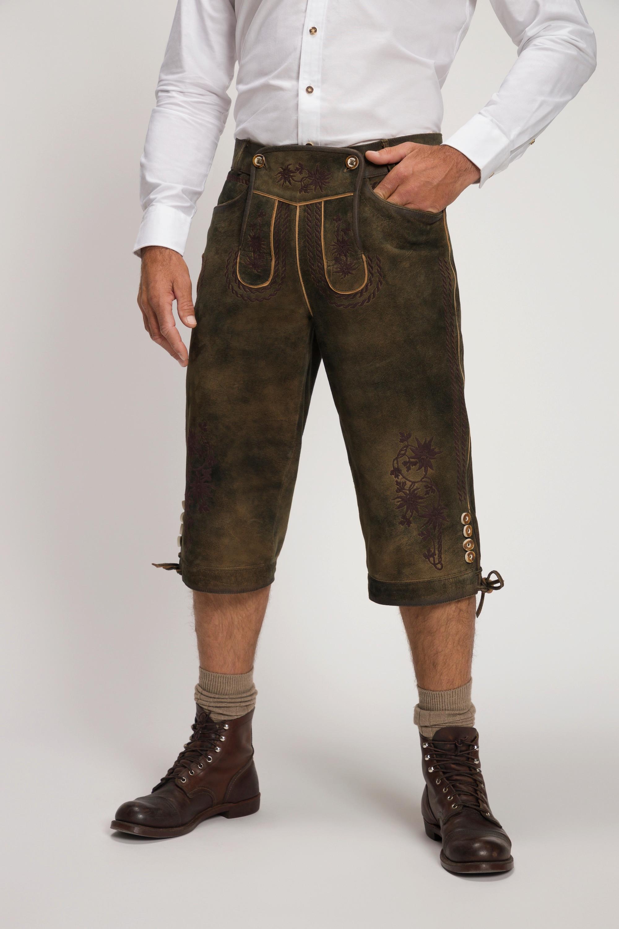 JP1880  Lederhosen a 3/4 in tradizionale stile Tracht in pelle scamosciata di capra con ricami tradizionali 