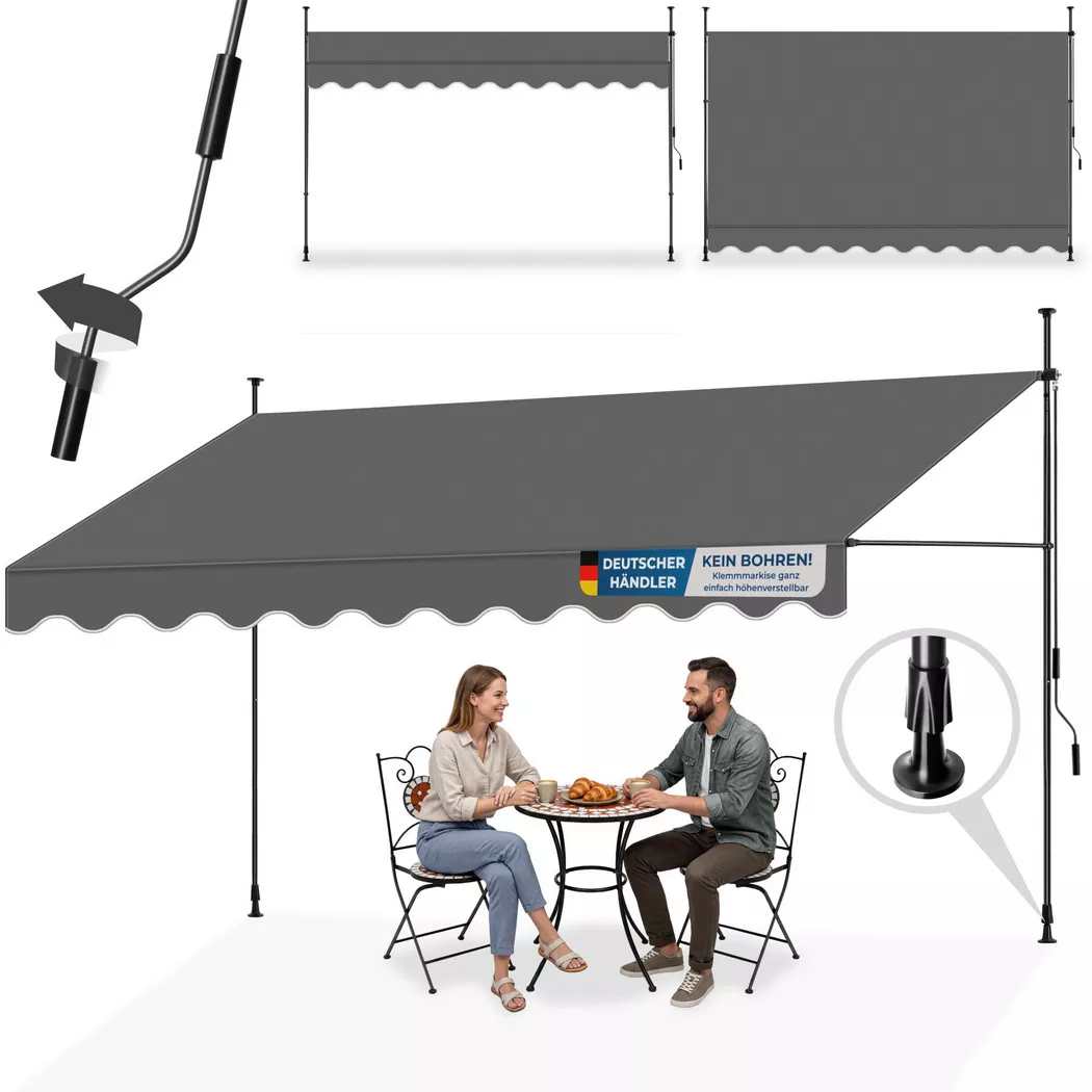 tectake® Klemmmarkise mit Handkurbel, ohne Bohren, UV-beständig, bis 90° neigbar, wasserabweisend