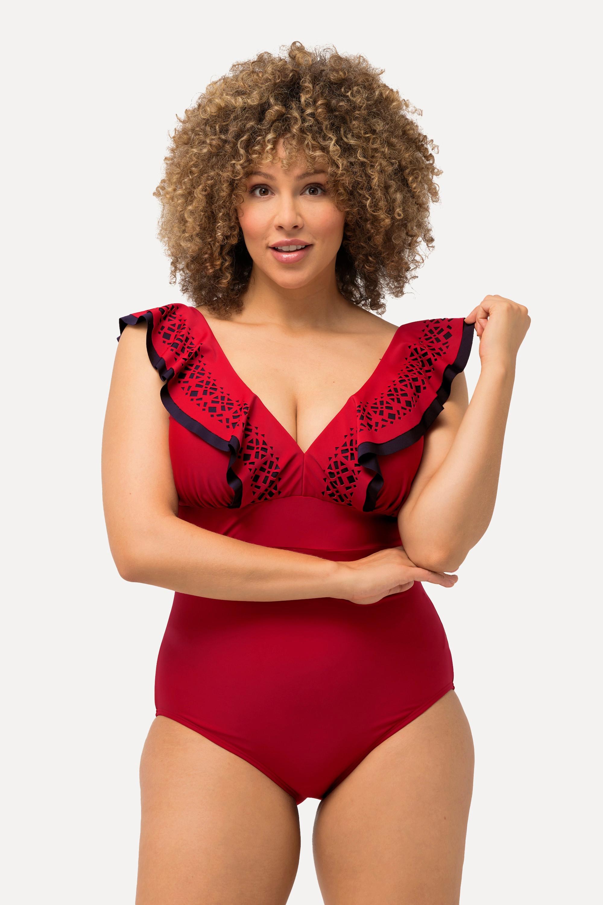 Ulla Popken Costume da bagno Volant Taglio laser Scollo a V Coppe morbide  