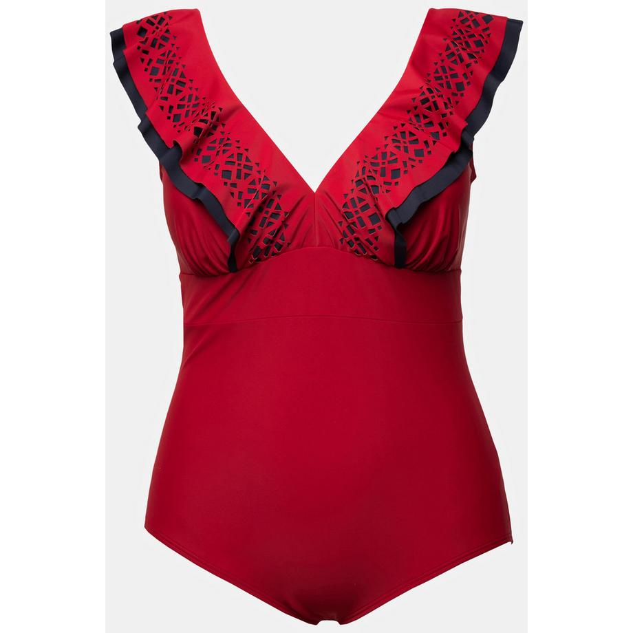 Ulla Popken Badeanzug Volants Lasercut V-Ausschnitt Softcups  