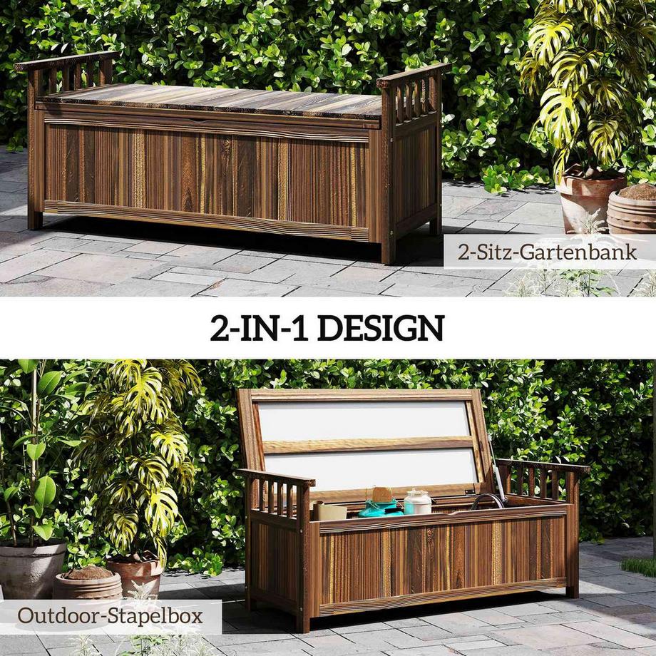 Northio Banc de jardin en bois 2 places, banc résistant aux intempéries, salon de jardin avec accoudoirs de rangement, banc de parc, capacité de charge de 240 kg, banc de balcon, banc en bois pour balcon, terrasse, jardin, 128,5 x 56 x 53,5 cm, carbonisé |  