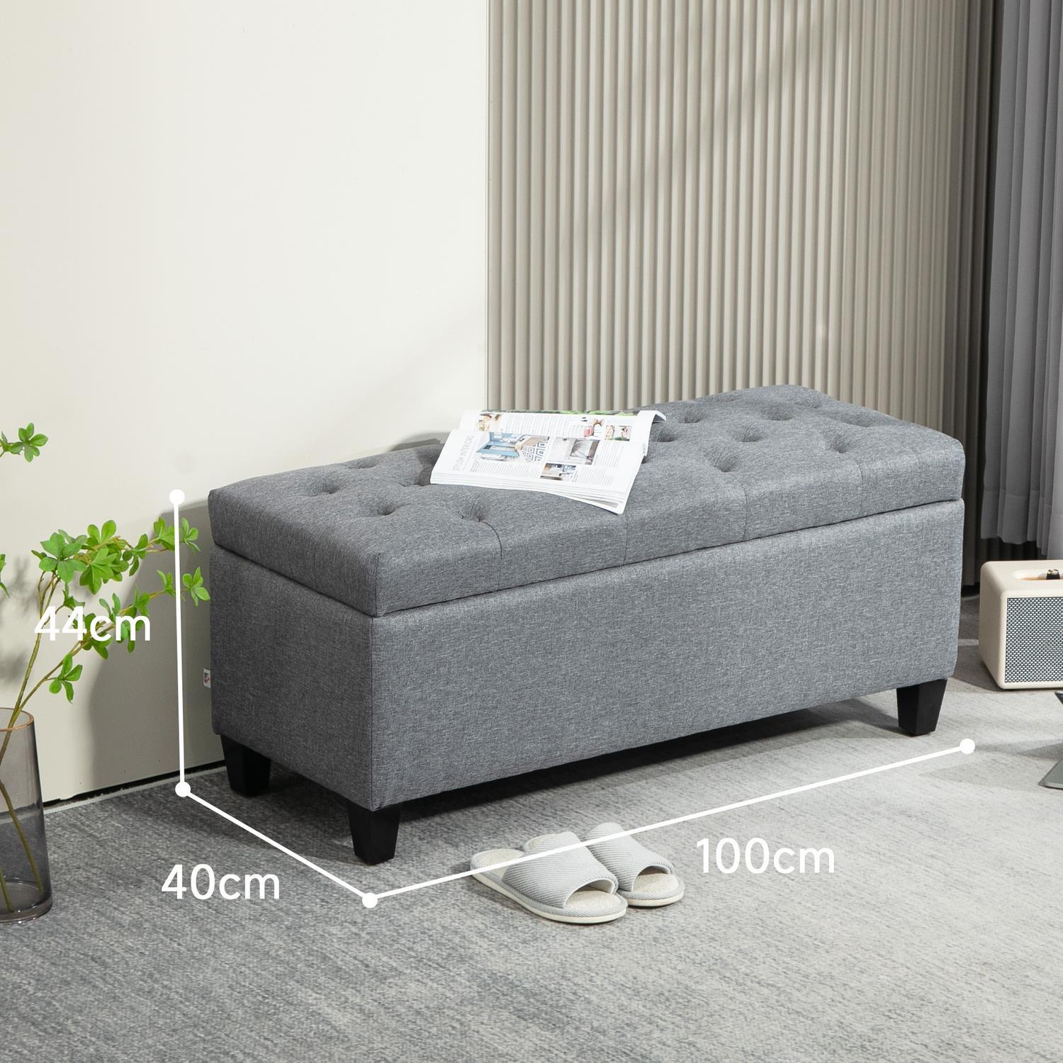 Northio Banc banquette rembourrée avec espace de rangement banc coffre couloir chambre salon polyester imitation lin bois d'hévéa gris clair 100 x 40 x 44 cm  