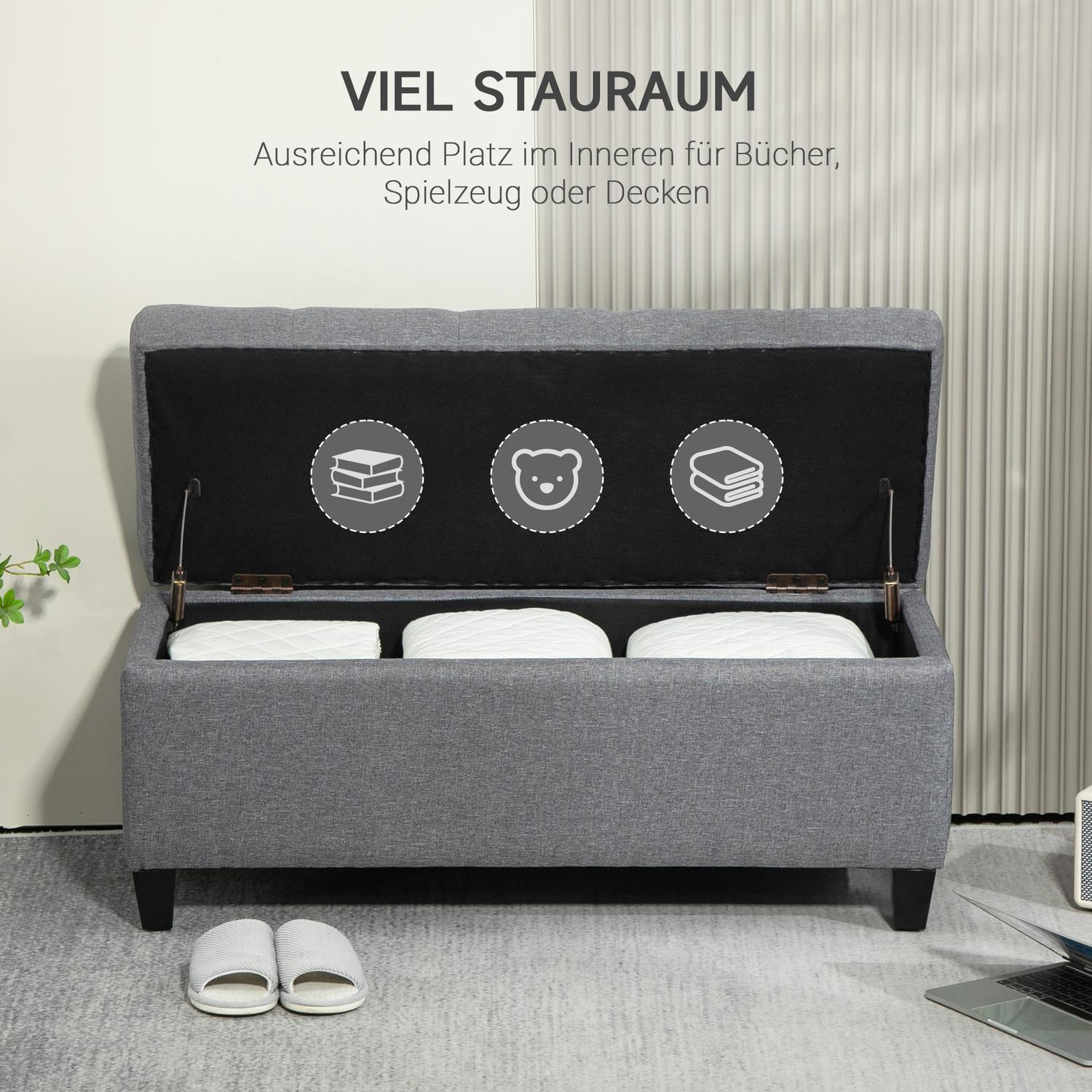 Northio Banc banquette rembourrée avec espace de rangement banc coffre couloir chambre salon polyester imitation lin bois d'hévéa gris clair 100 x 40 x 44 cm  