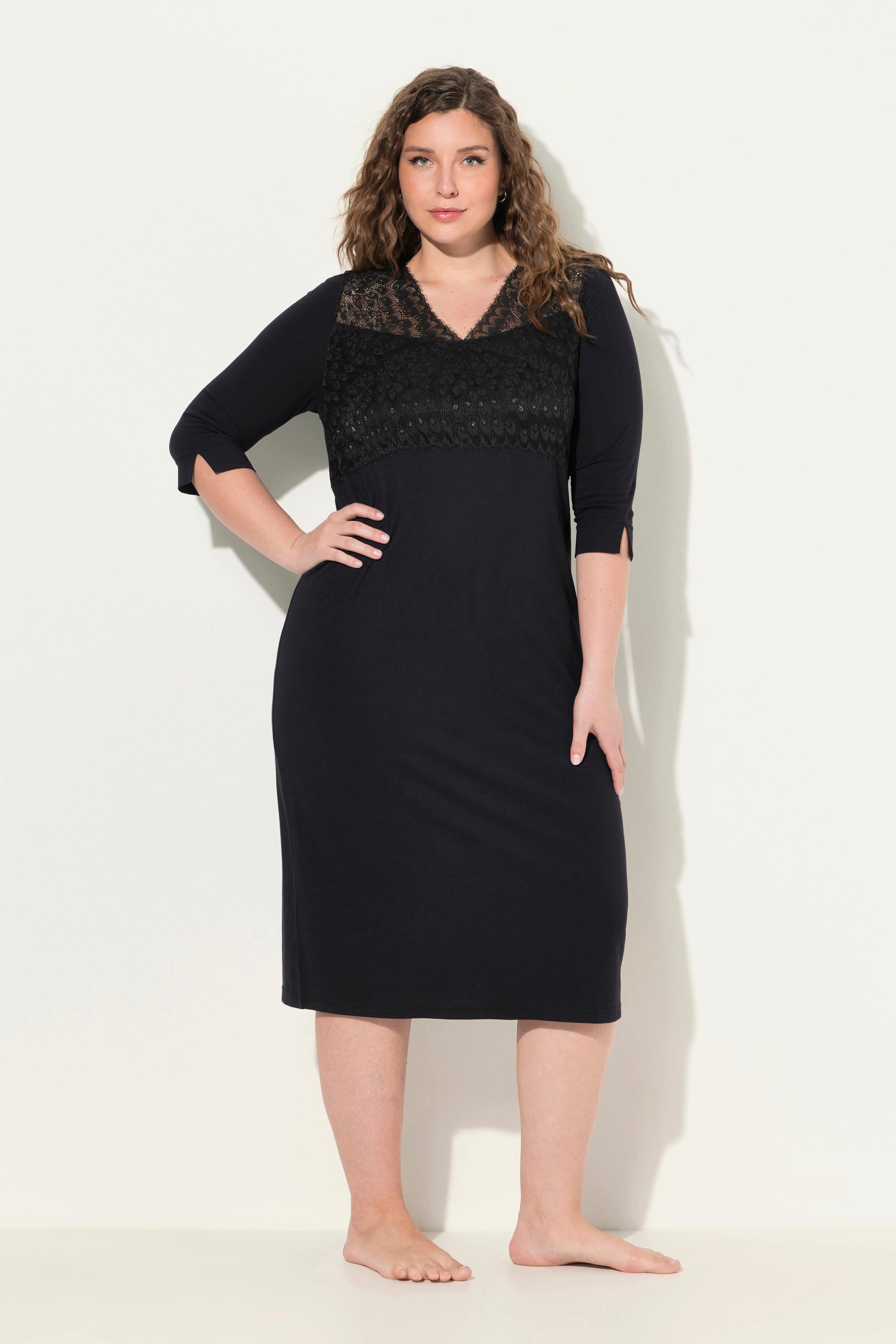 Ulla Popken Chemise de nuit Empiècement dentelle Col V Manches 3/4  