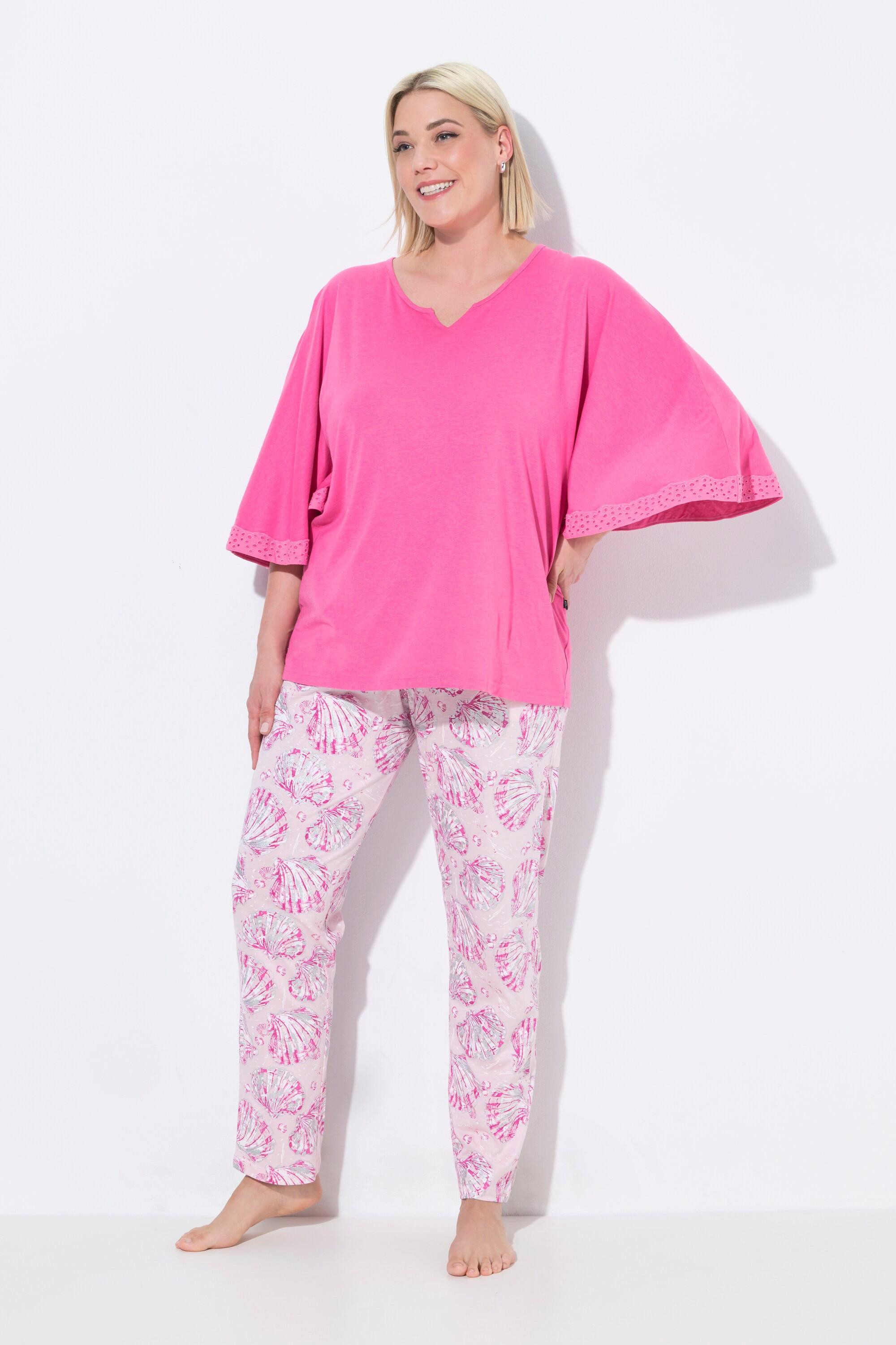 Ulla Popken Pigiama con conchiglie scollo a tunica mezze maniche  