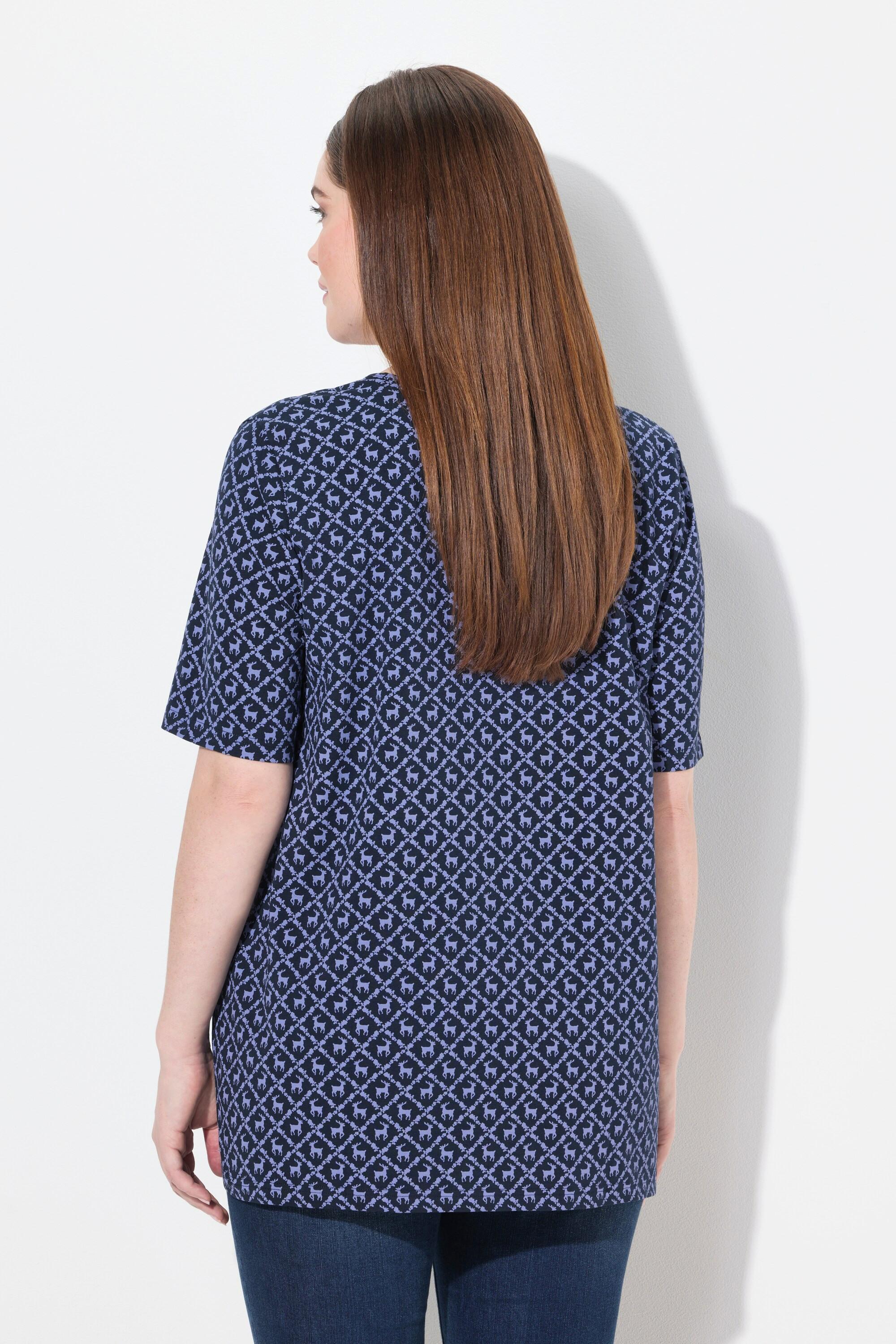 Ulla Popken T-Shirt Fantasia Tradizionale Taglio Svasato Scollo a V Mezze Maniche  