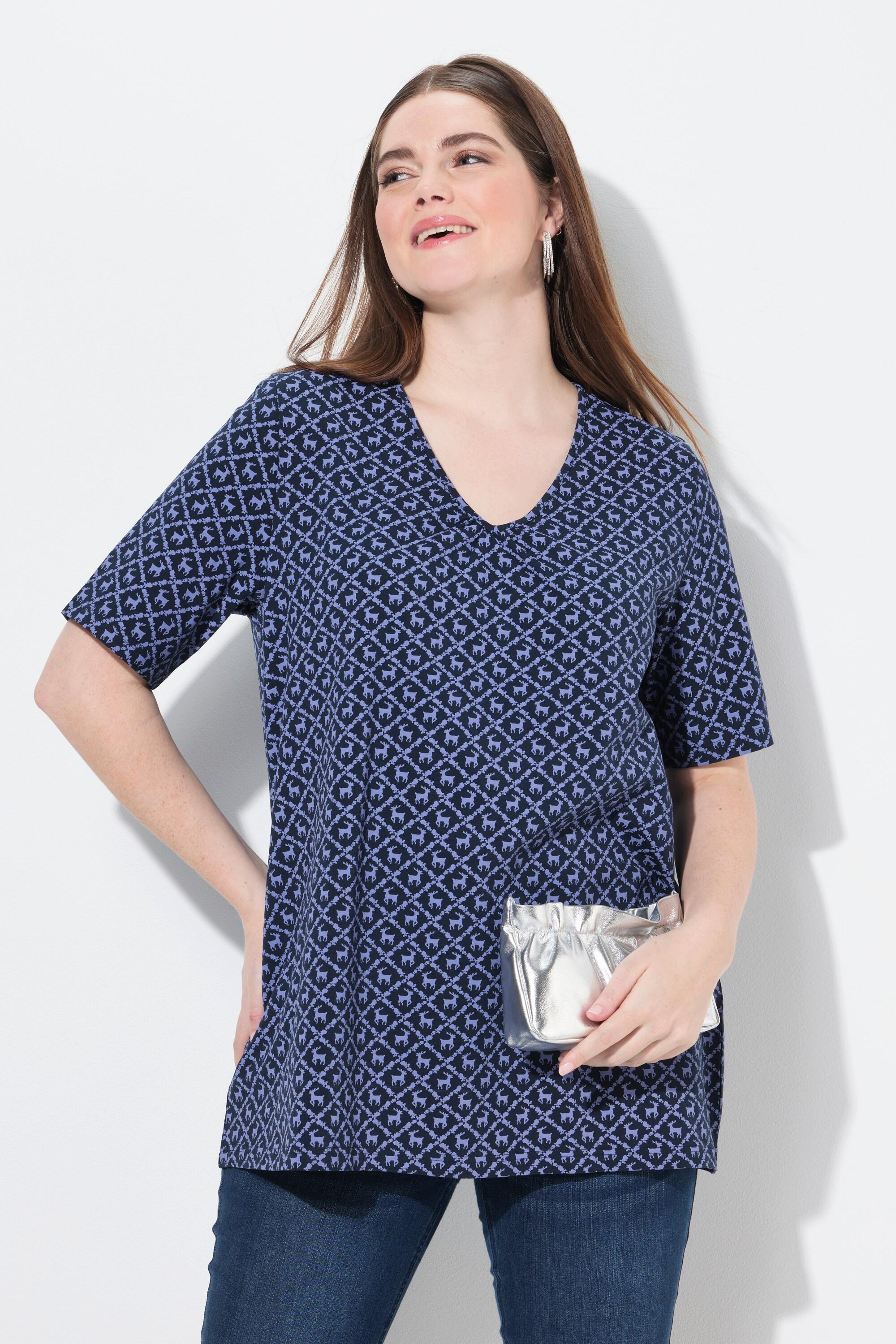 Ulla Popken T-Shirt Fantasia Tradizionale Taglio Svasato Scollo a V Mezze Maniche  