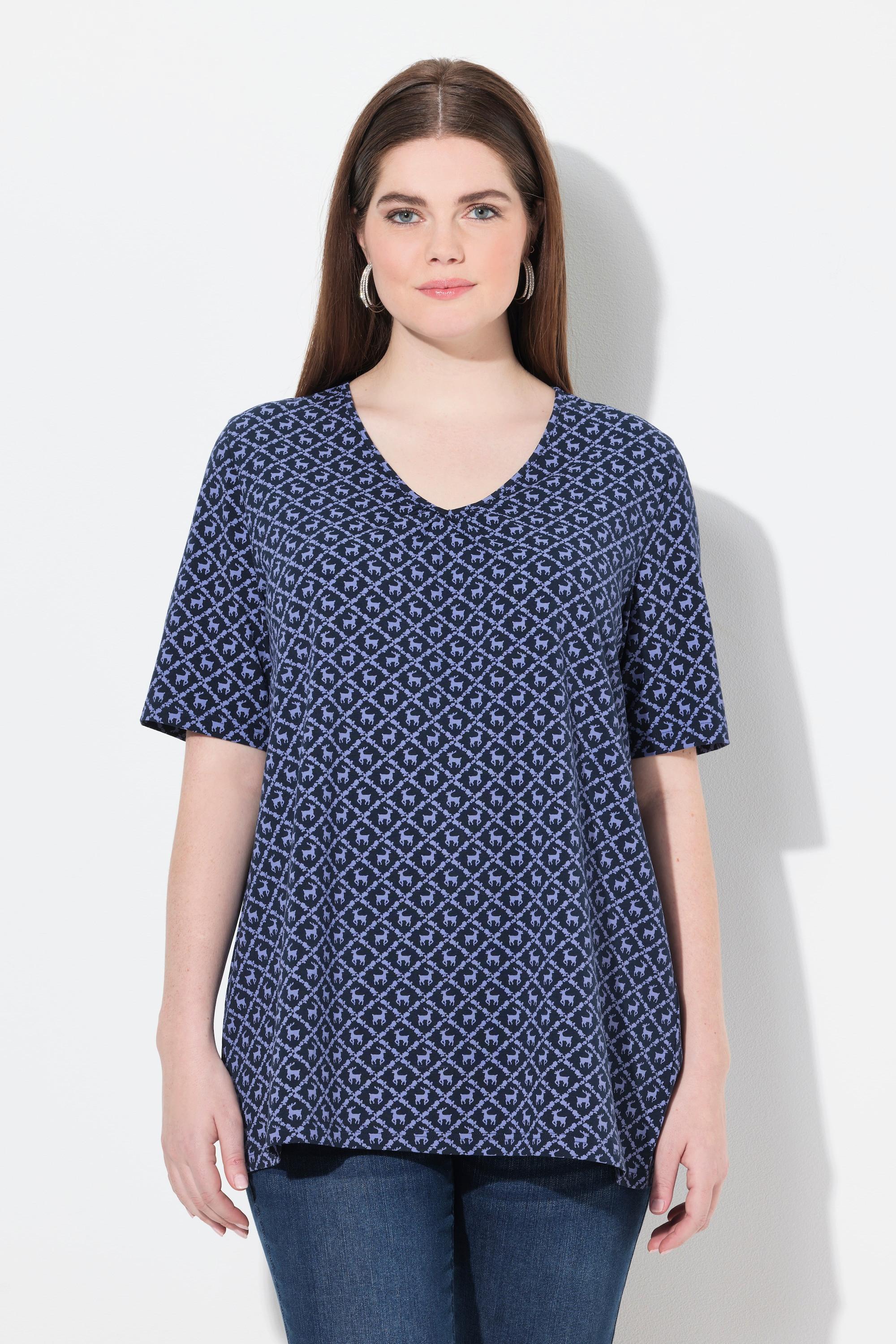 Ulla Popken T-Shirt Fantasia Tradizionale Taglio Svasato Scollo a V Mezze Maniche  