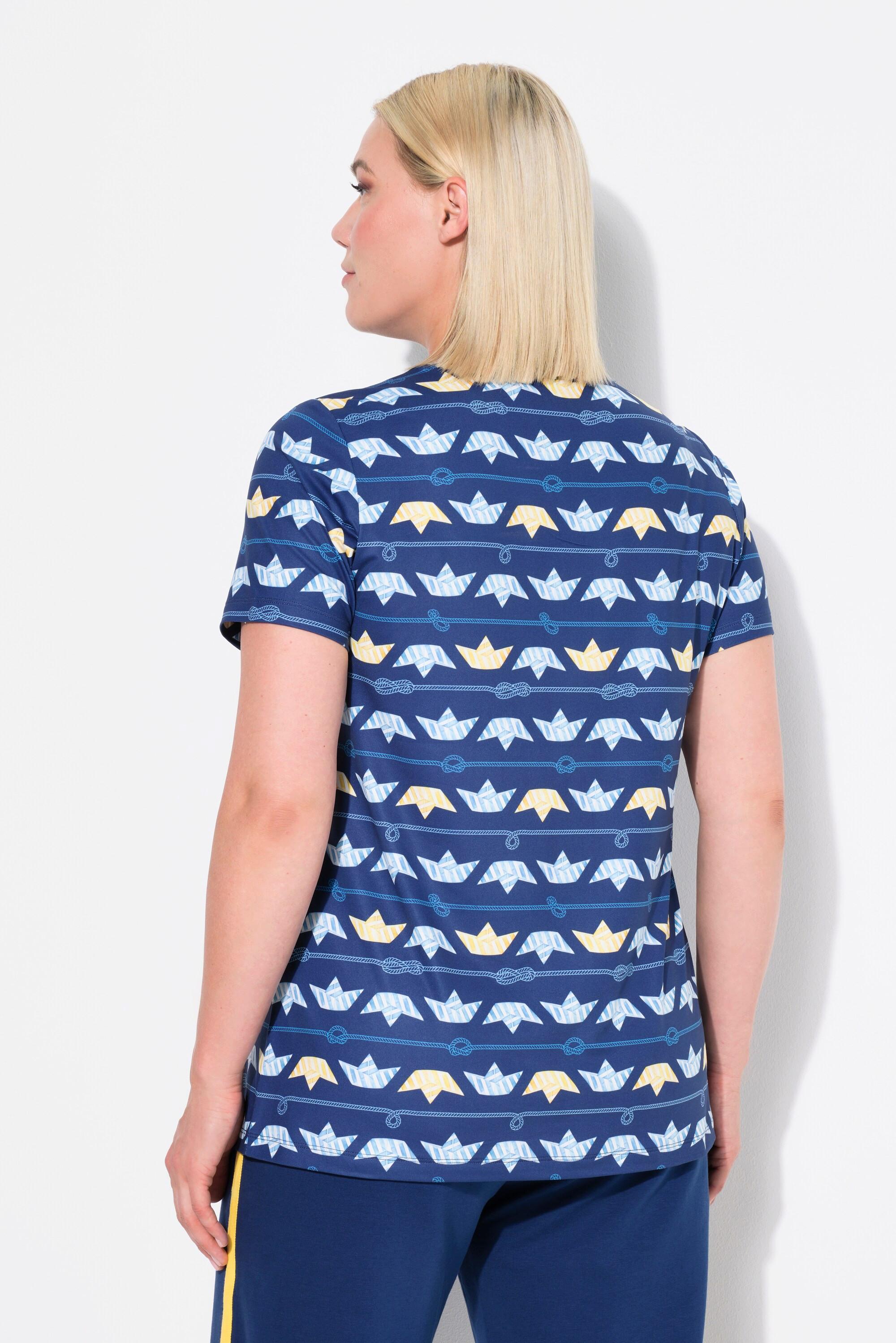 Ulla Popken  T-shirt technique avec motif petits bateaux, col en V et manches courtes, collection Classic 