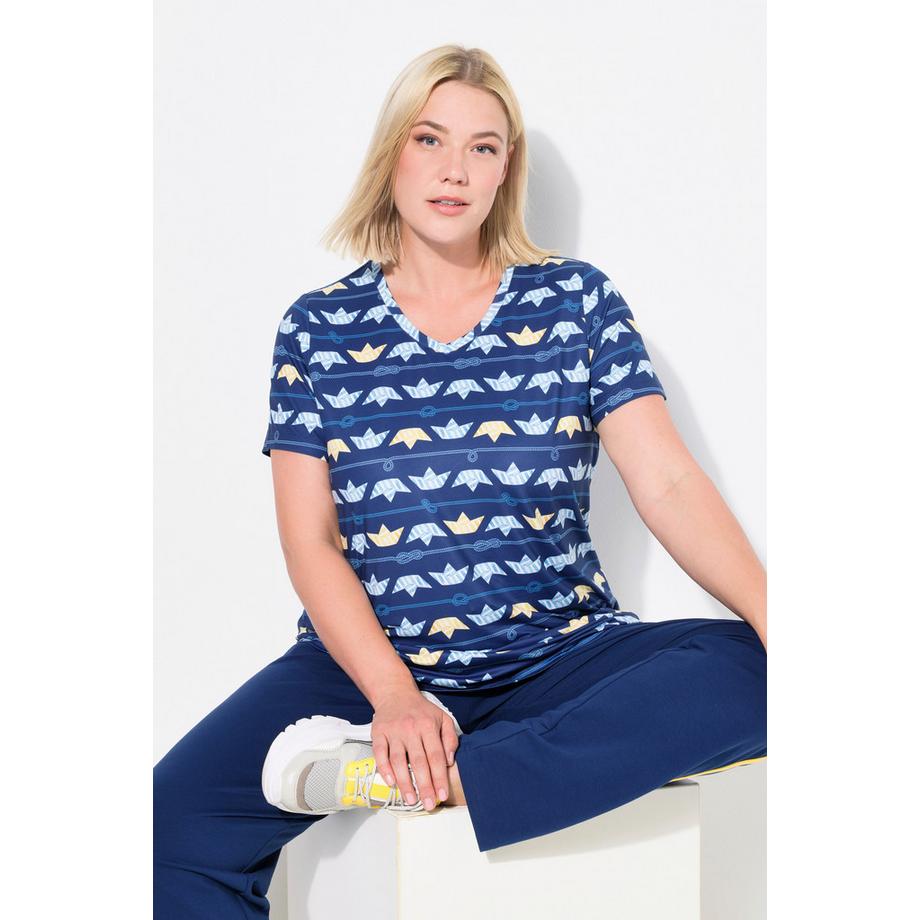Ulla Popken Classic Imprimé Bateaux Manches Courtes Col V T-shirt Fonctionnel  