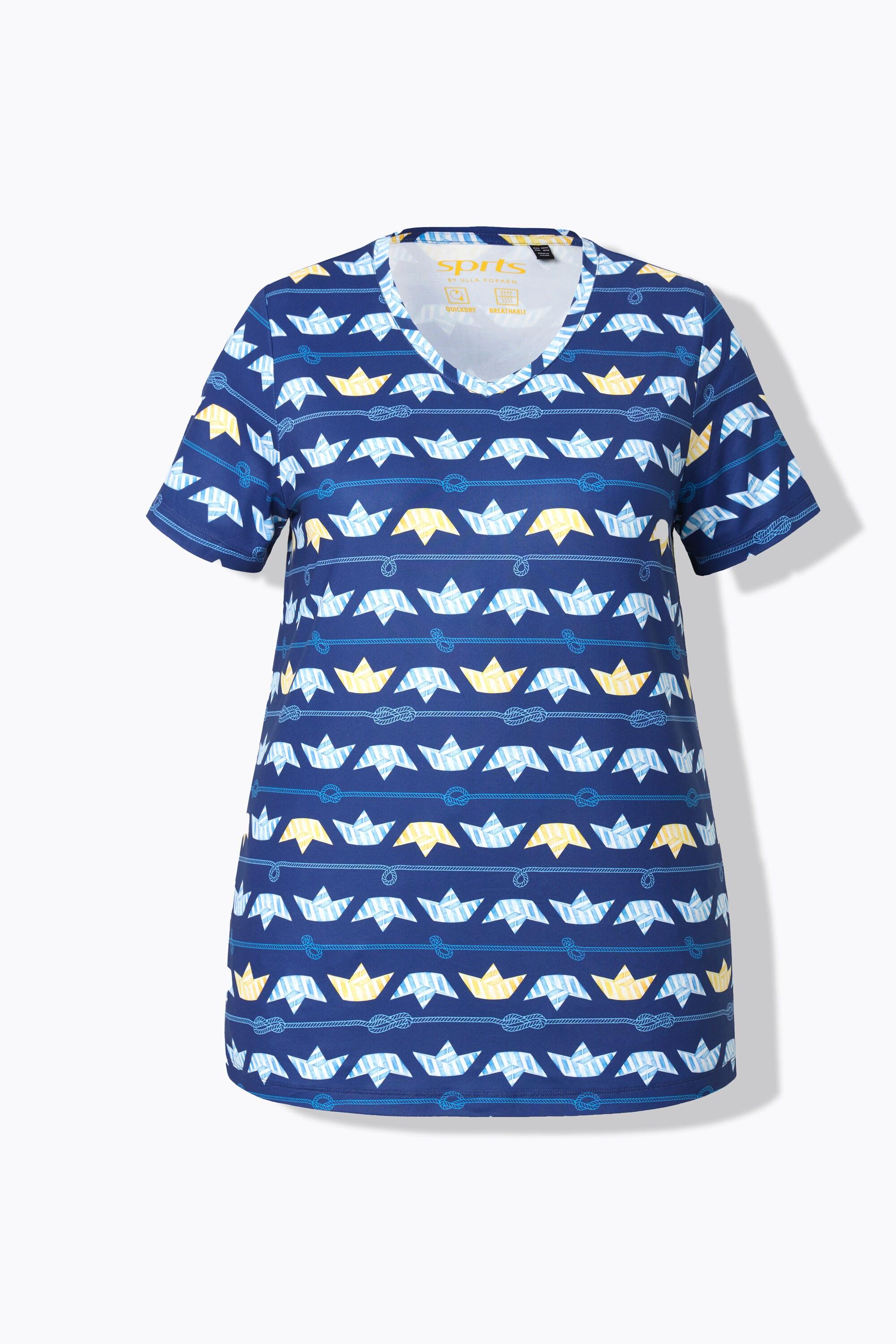 Ulla Popken  T-shirt technique avec motif petits bateaux, col en V et manches courtes, collection Classic 