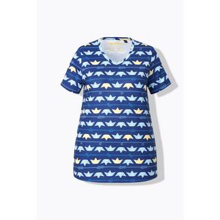 Ulla Popken  T-shirt technique avec motif petits bateaux, col en V et manches courtes, collection Classic 