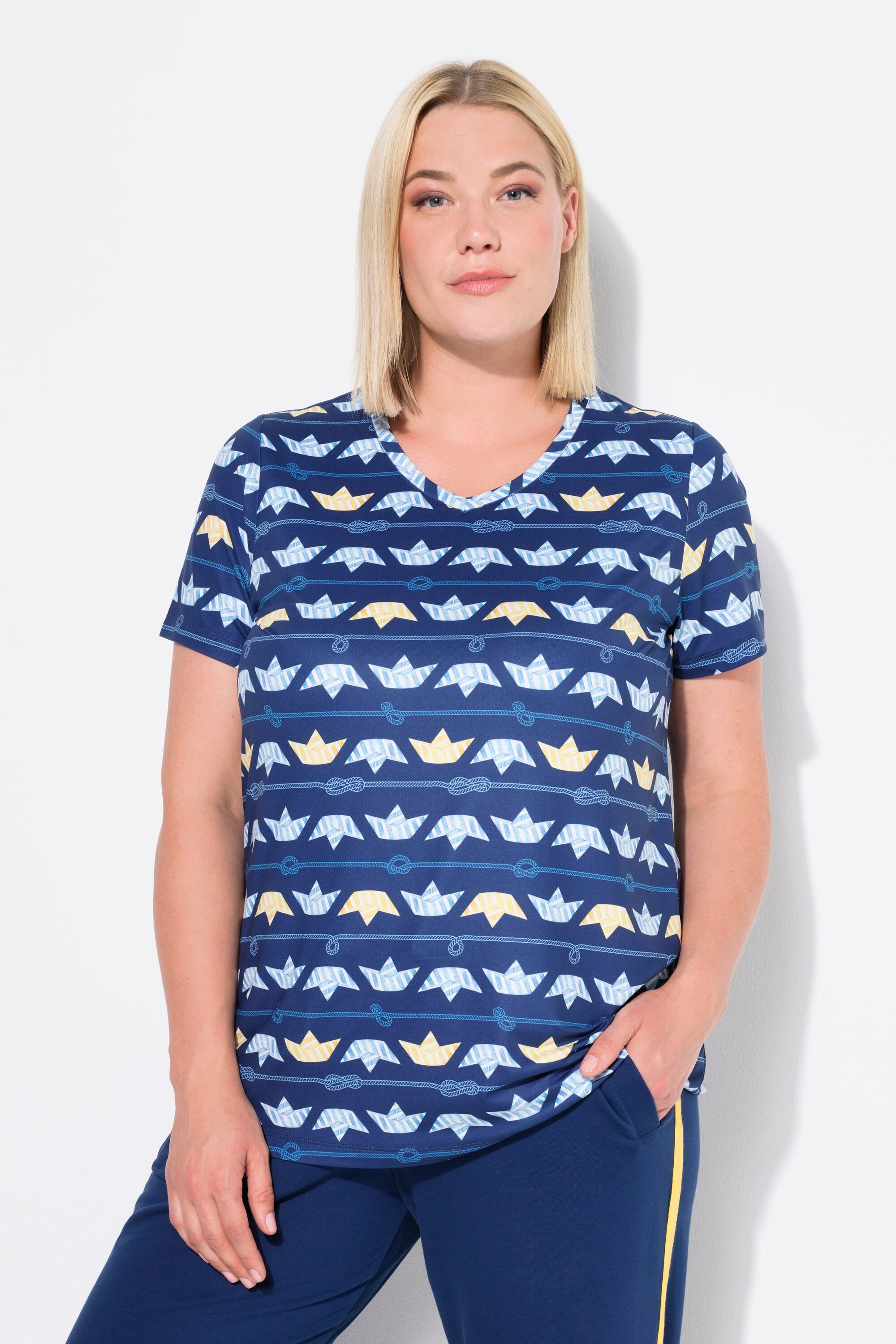 Ulla Popken  T-shirt technique avec motif petits bateaux, col en V et manches courtes, collection Classic 