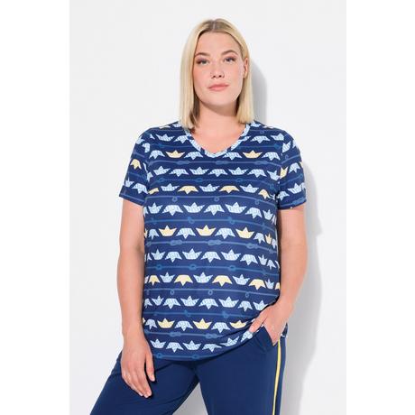 Ulla Popken  T-shirt technique avec motif petits bateaux, col en V et manches courtes, collection Classic 