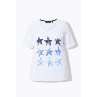 Ulla Popken  T-shirt imprimé étoiles de mer, bords francs, col en V et manches courtes 