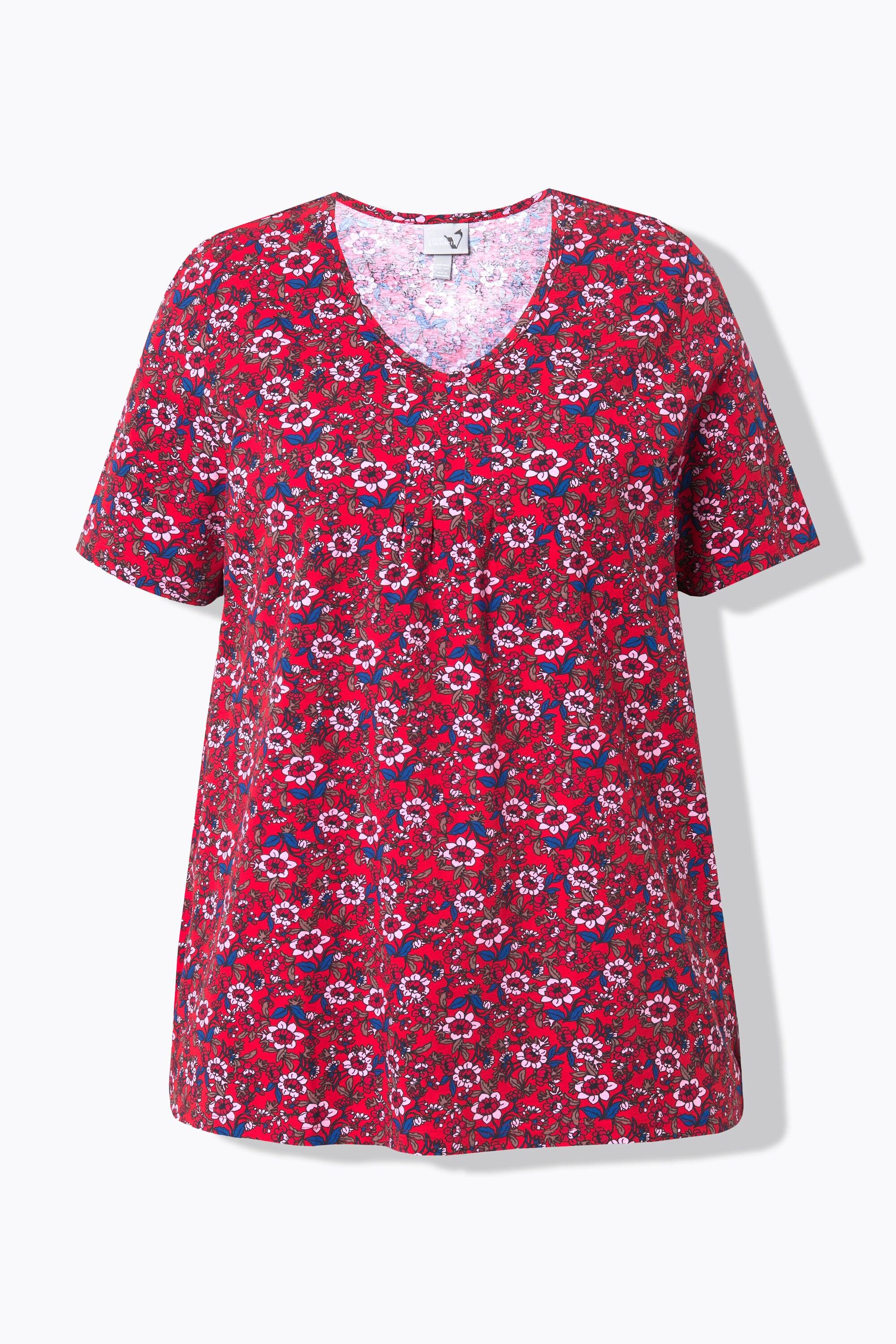 Ulla Popken  T-shirt dal taglio svasato con fiori, scollatura a V e mezze maniche 